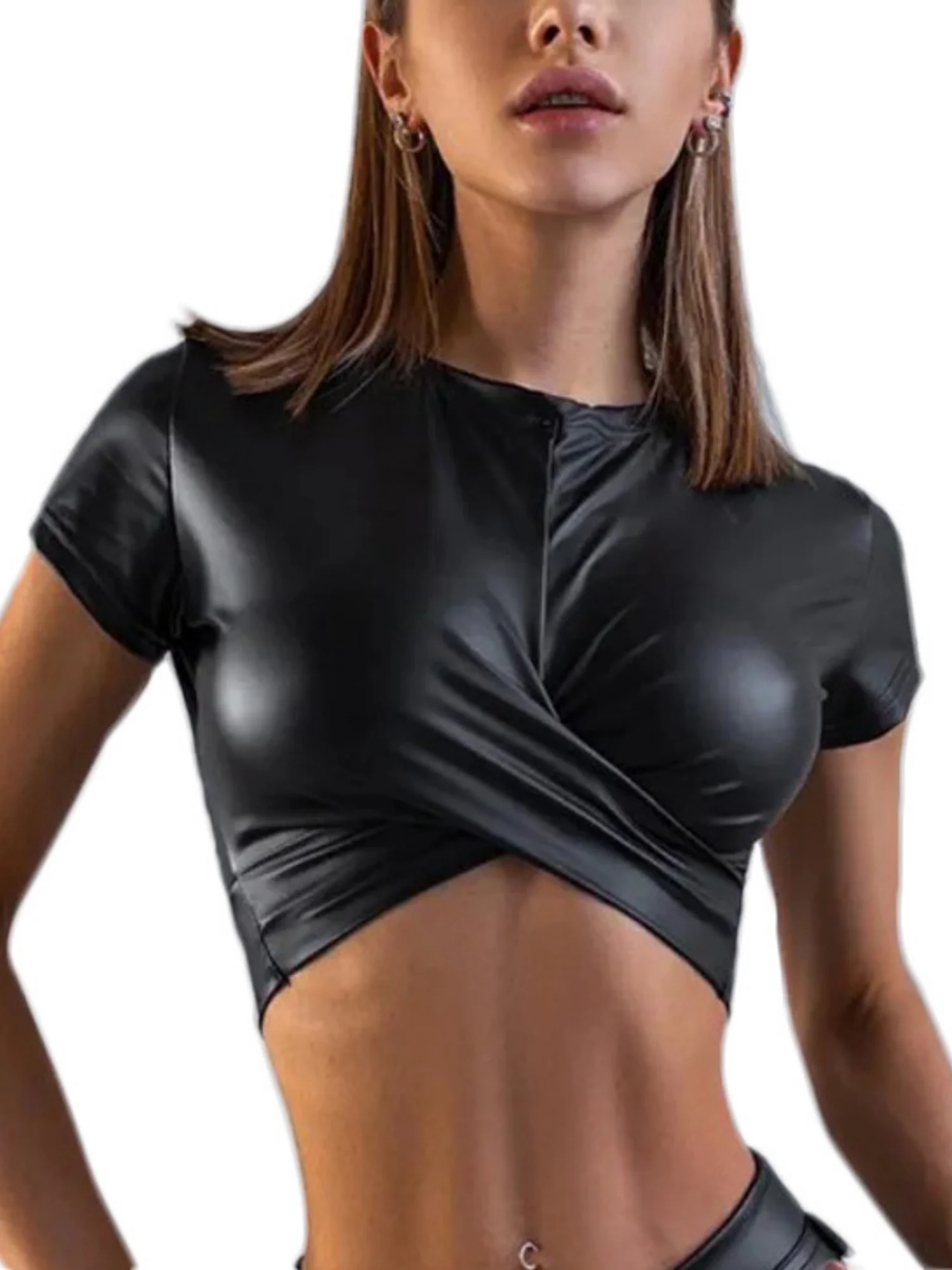PU Glossy Patent Leather Cross-over Crop Top