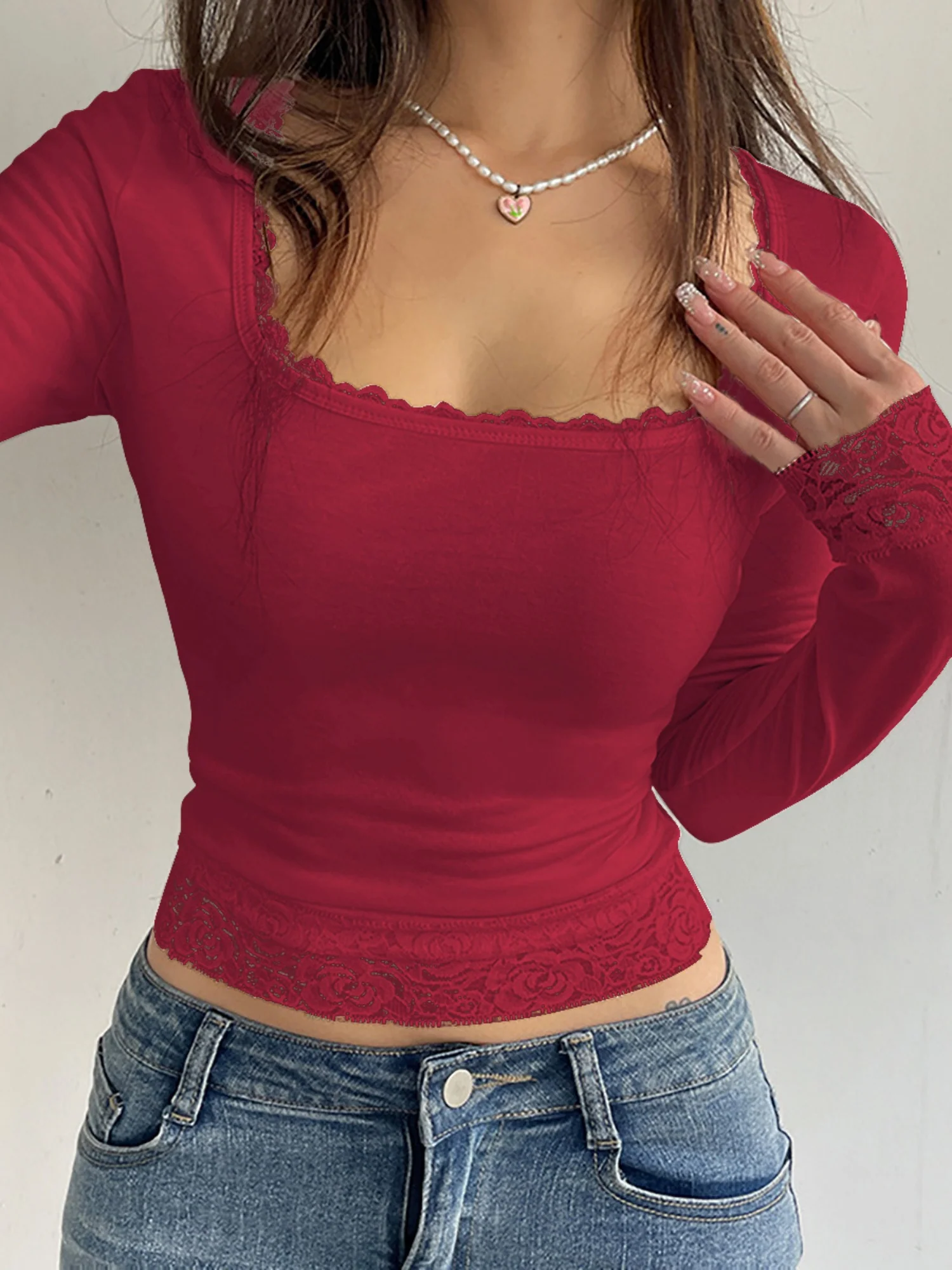 Lace Trim U-neck Long Sleeve Slimming Crop Top - Image 10