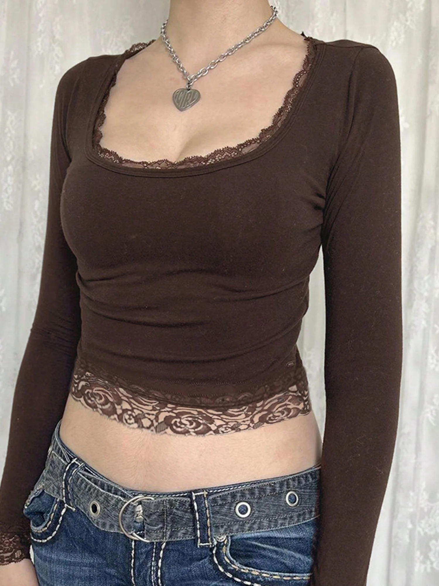 Lace Trim U-neck Long Sleeve Slimming Crop Top - Image 11