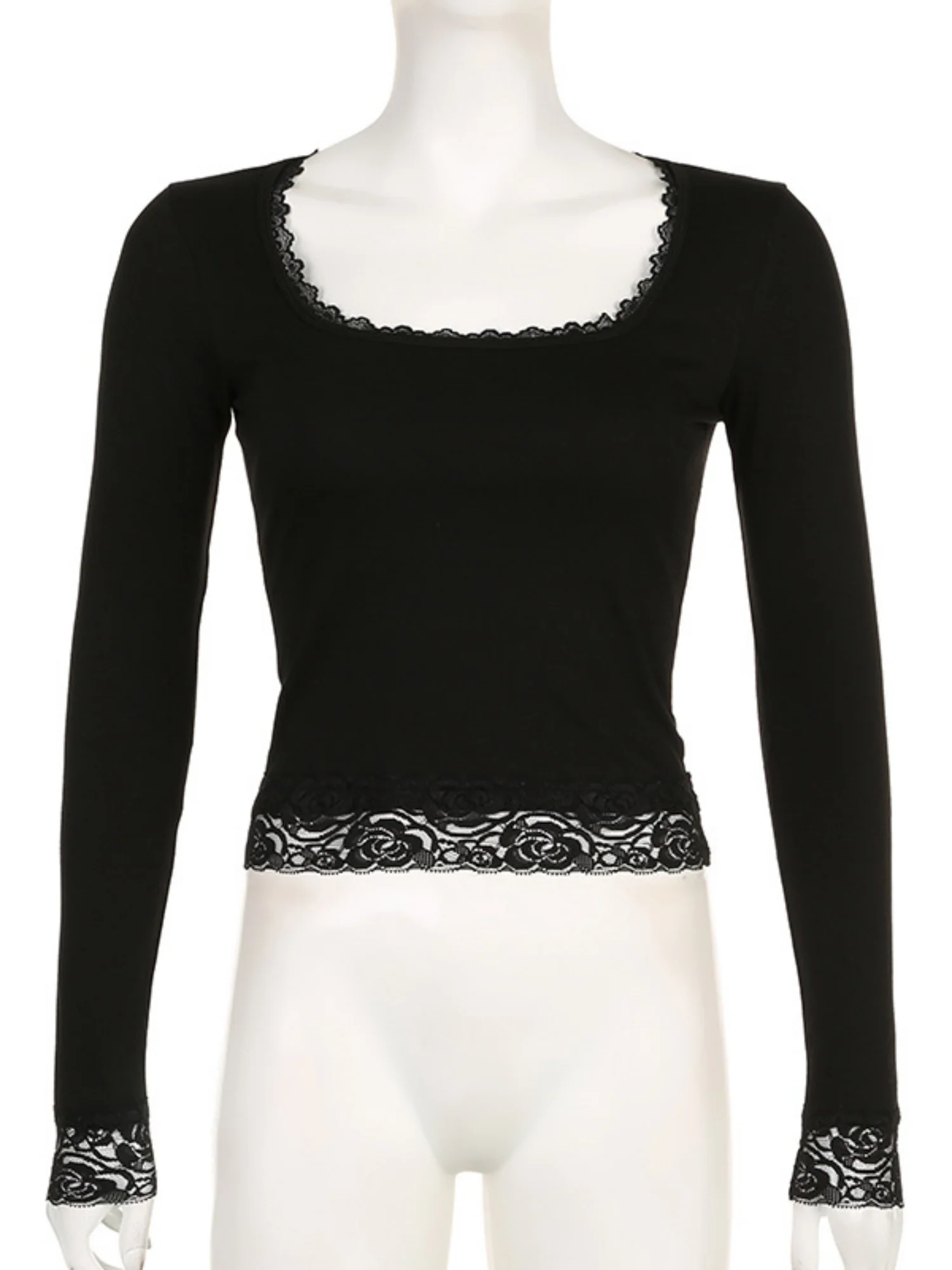 Lace Trim U-neck Long Sleeve Slimming Crop Top - Image 4