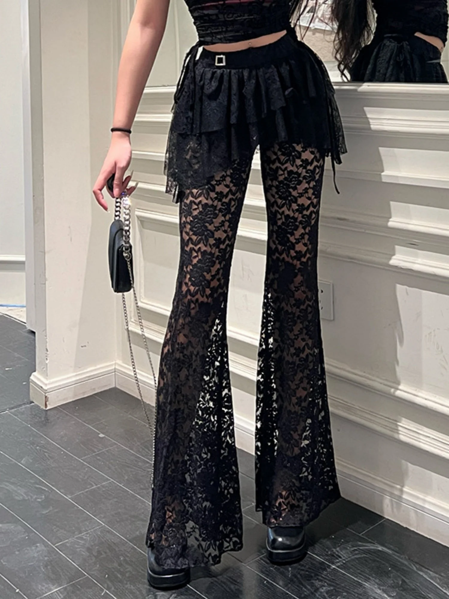 Y2K Lace Patchwork Hollowed-out Perspective High-waisted Flared Pants Slimming Pants - Image 2