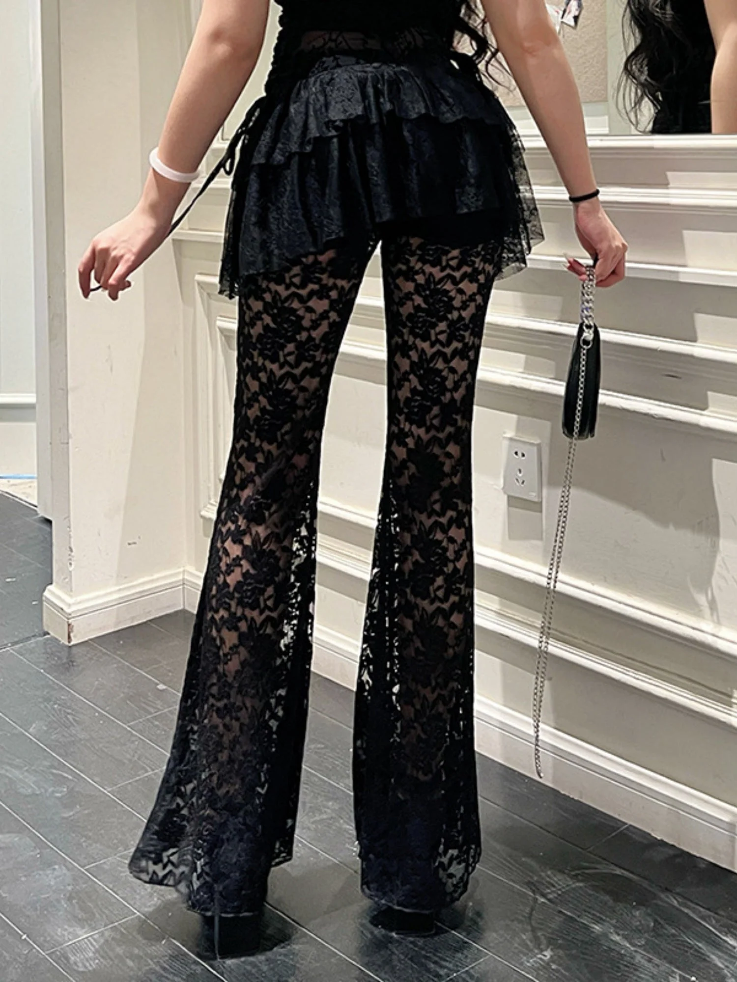 Y2K Lace Patchwork Hollowed-out Perspective High-waisted Flared Pants Slimming Pants - Image 3