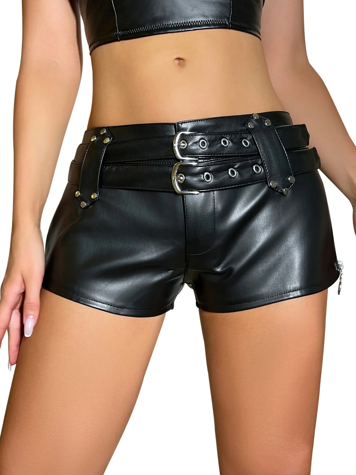 PU Leather Leather Buckle Low-waisted Elastic Shorts - Image 3