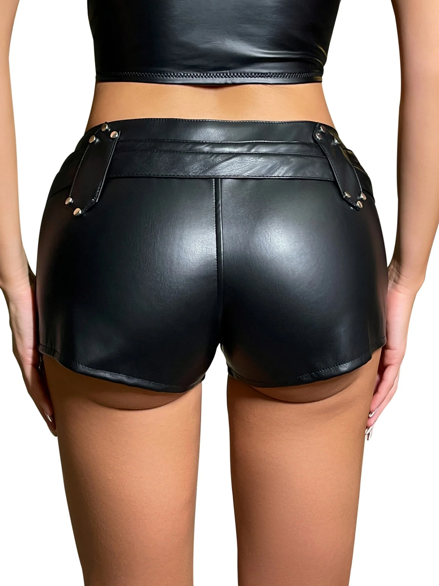 PU Leather Leather Buckle Low-waisted Elastic Shorts - Image 4