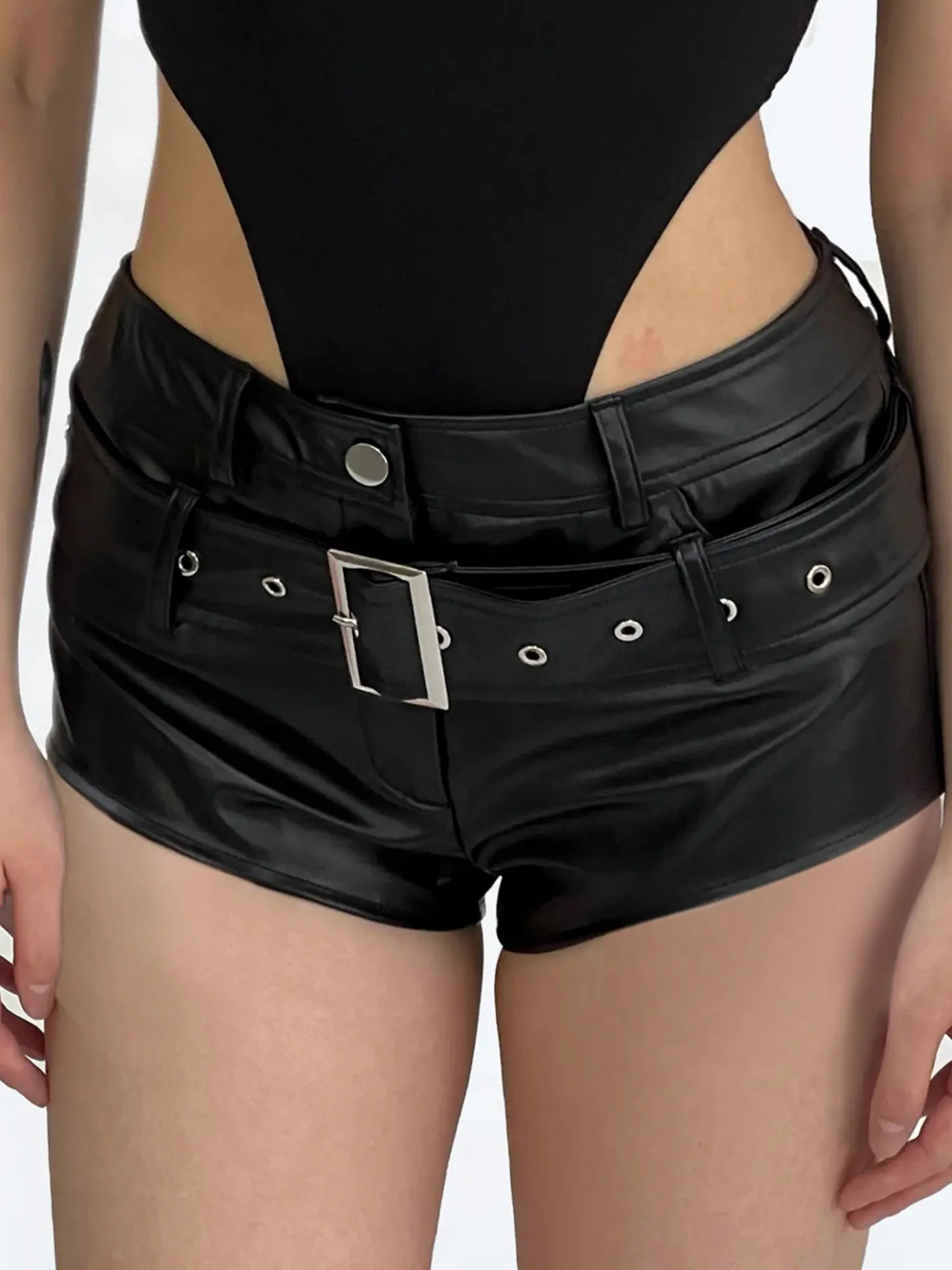 PU Leather Leather Buckle Mid-to-low Waist Elastic Shorts - Image 3