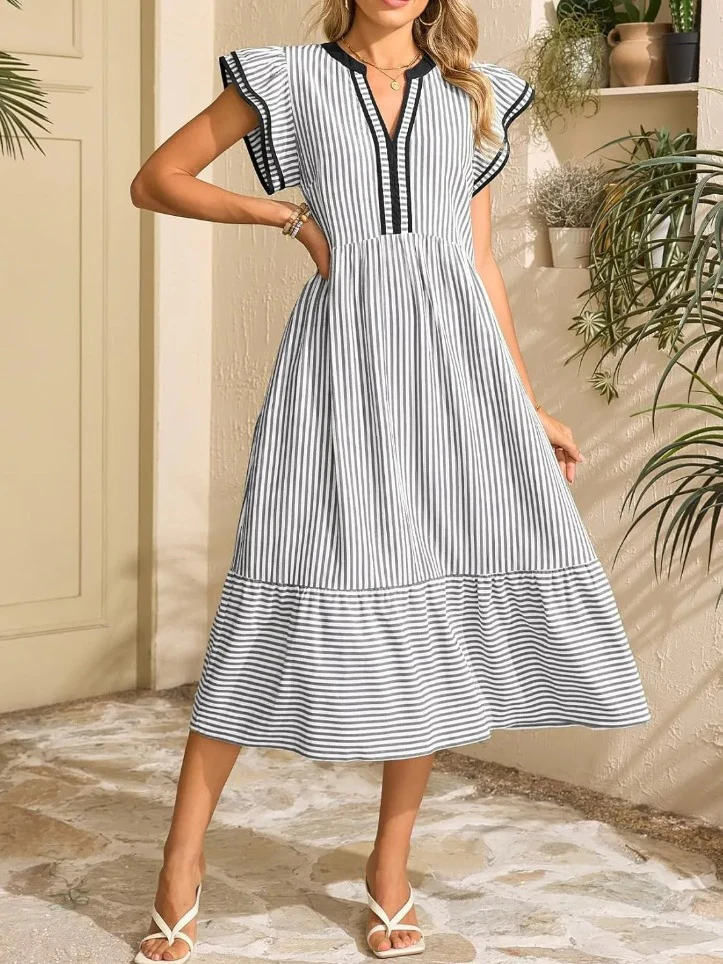 Striped Double-pleated Short-sleeved Color-blocked V-neck Midi Dress - Image 4