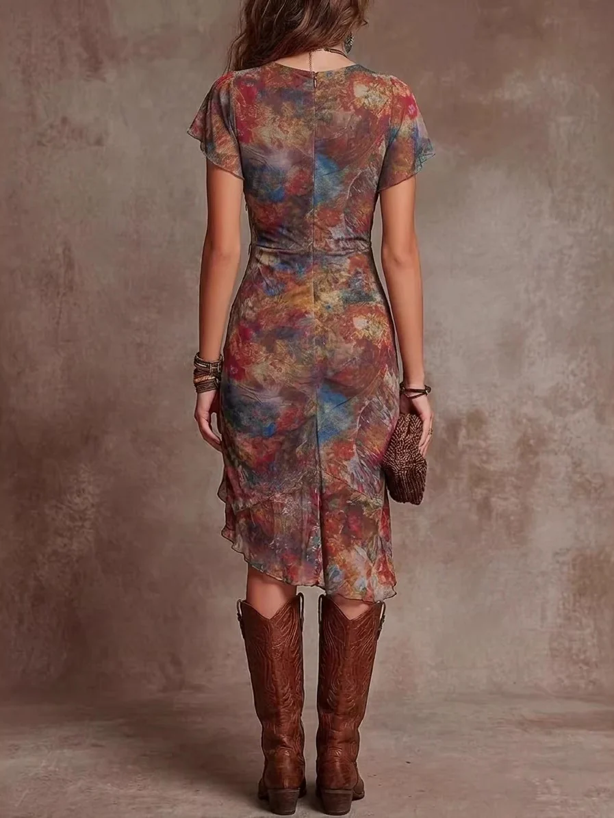 V-neck, Slit, Fitted Waist, Gathered Floral Print Midi Dresses - Image 2