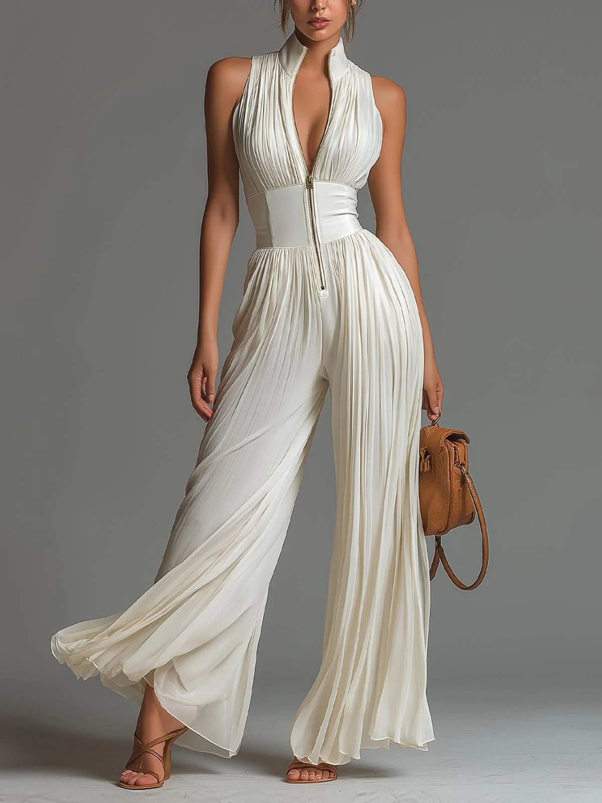 White Pleated Halter Jumpsuit