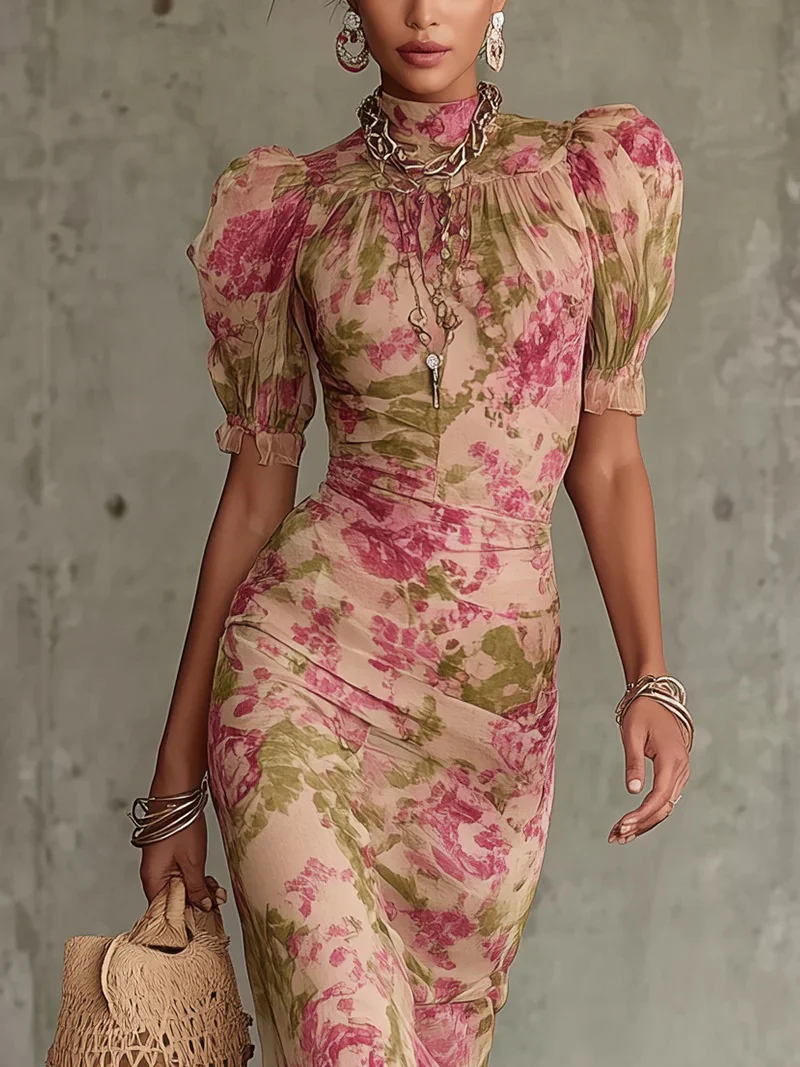 Floral Ruffles, Puff Sleeves, Cinched Waist Maxi Dresses - Image 2