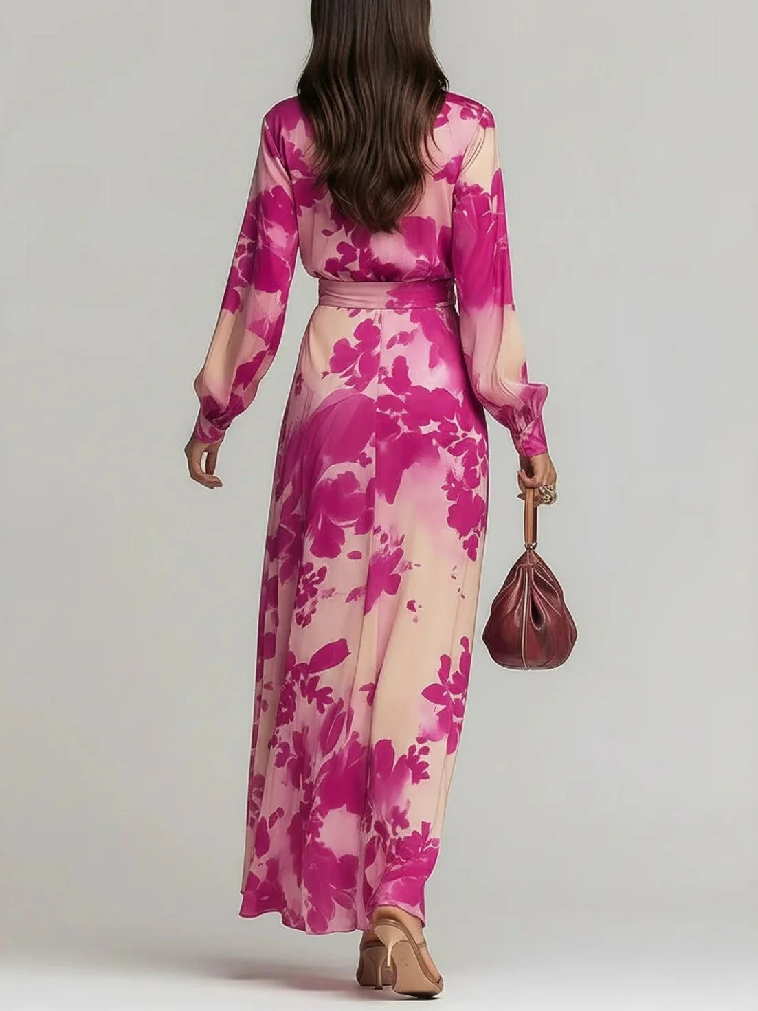 Floral Chiffon Long-sleeved V-neck Tie-waist Maxi Dress - Image 2