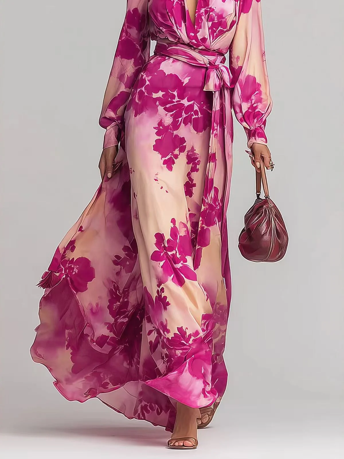 Floral Chiffon Long-sleeved V-neck Tie-waist Maxi Dress - Image 3