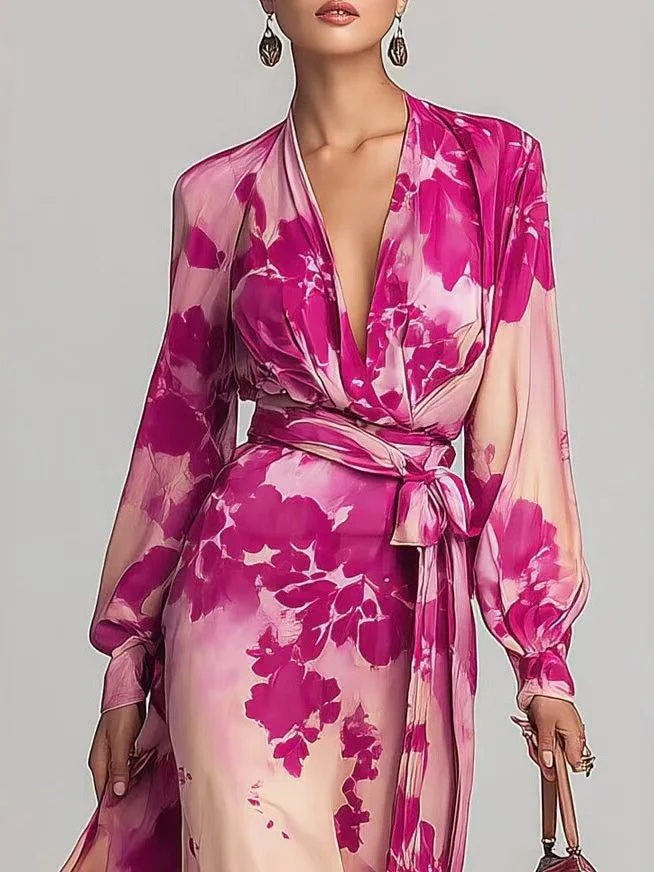 Floral Chiffon Long-sleeved V-neck Tie-waist Maxi Dress - Image 4