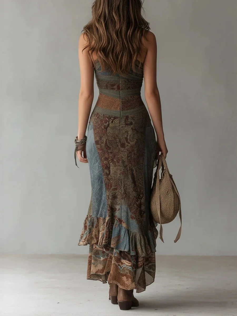 Retro Patchwork Print Asymmetrical High Slit Maxi Dress - Image 2