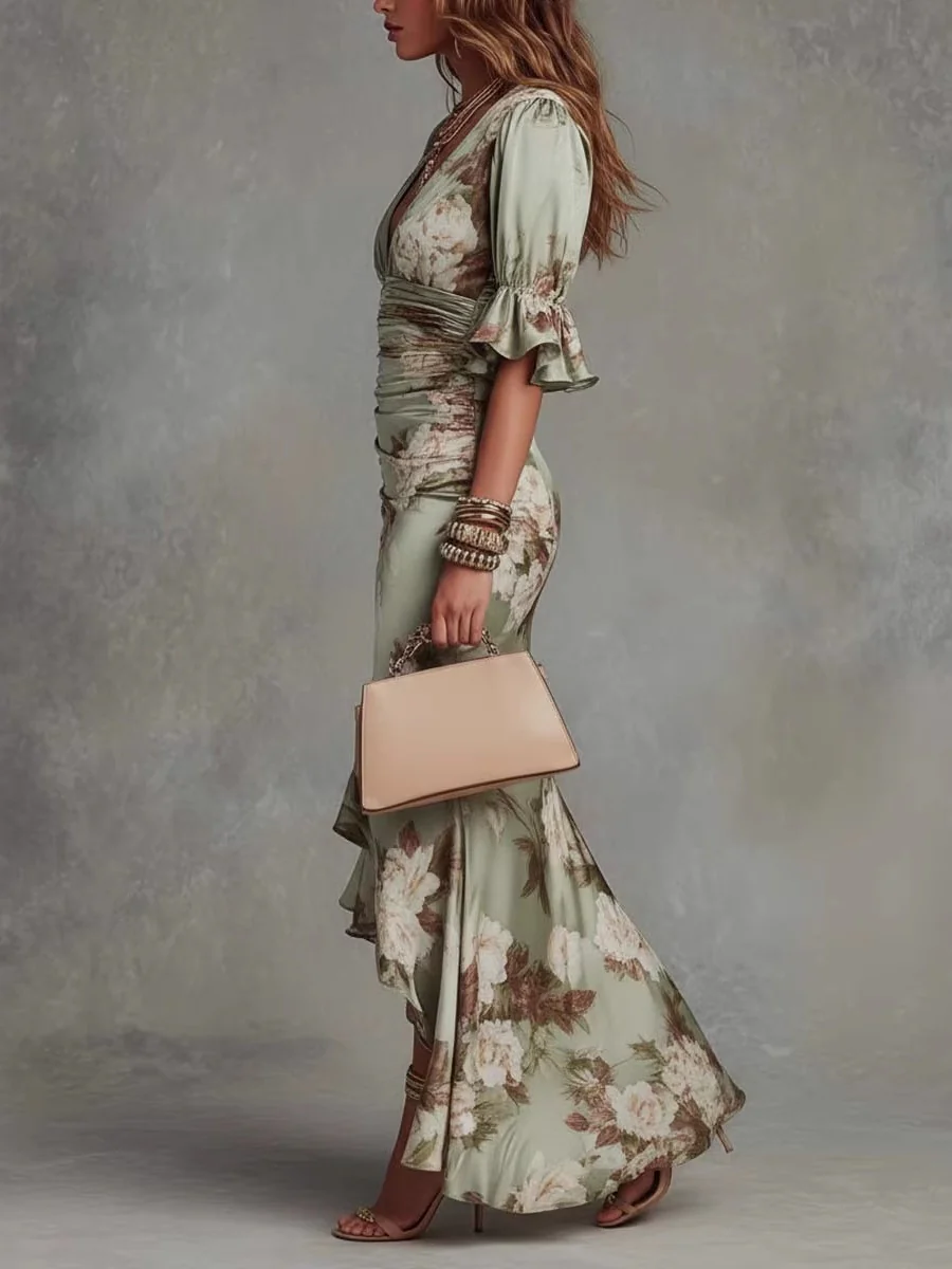 V-neck Slim-fit Printed Ruffle Long Dress - Image 3
