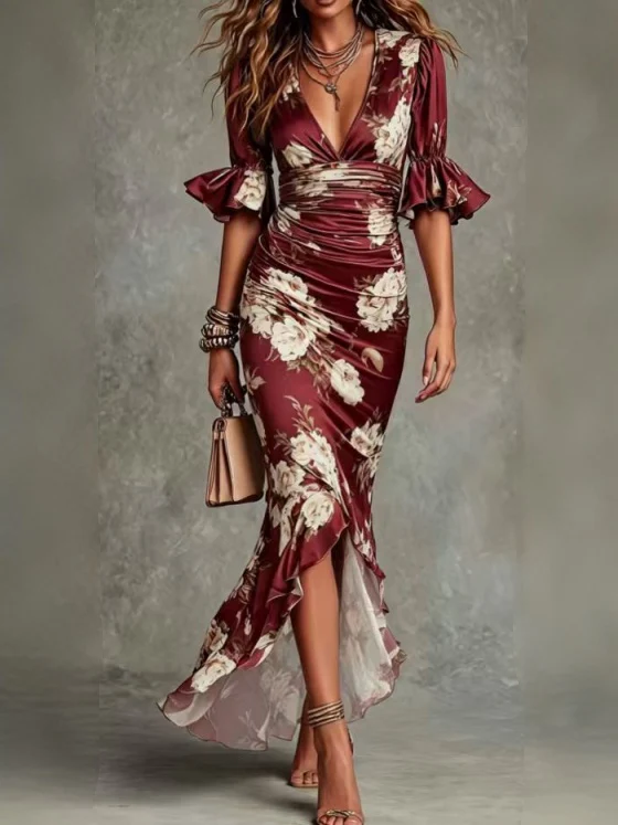 V-neck Slim-fit Printed Ruffle Long Dress - Image 4