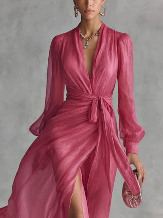 V-neck, Slit, Belted Waist Long Dress - Image 2