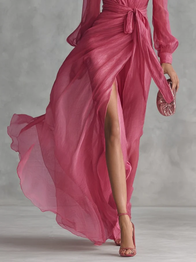 V-neck, Slit, Belted Waist Long Dress - Image 3
