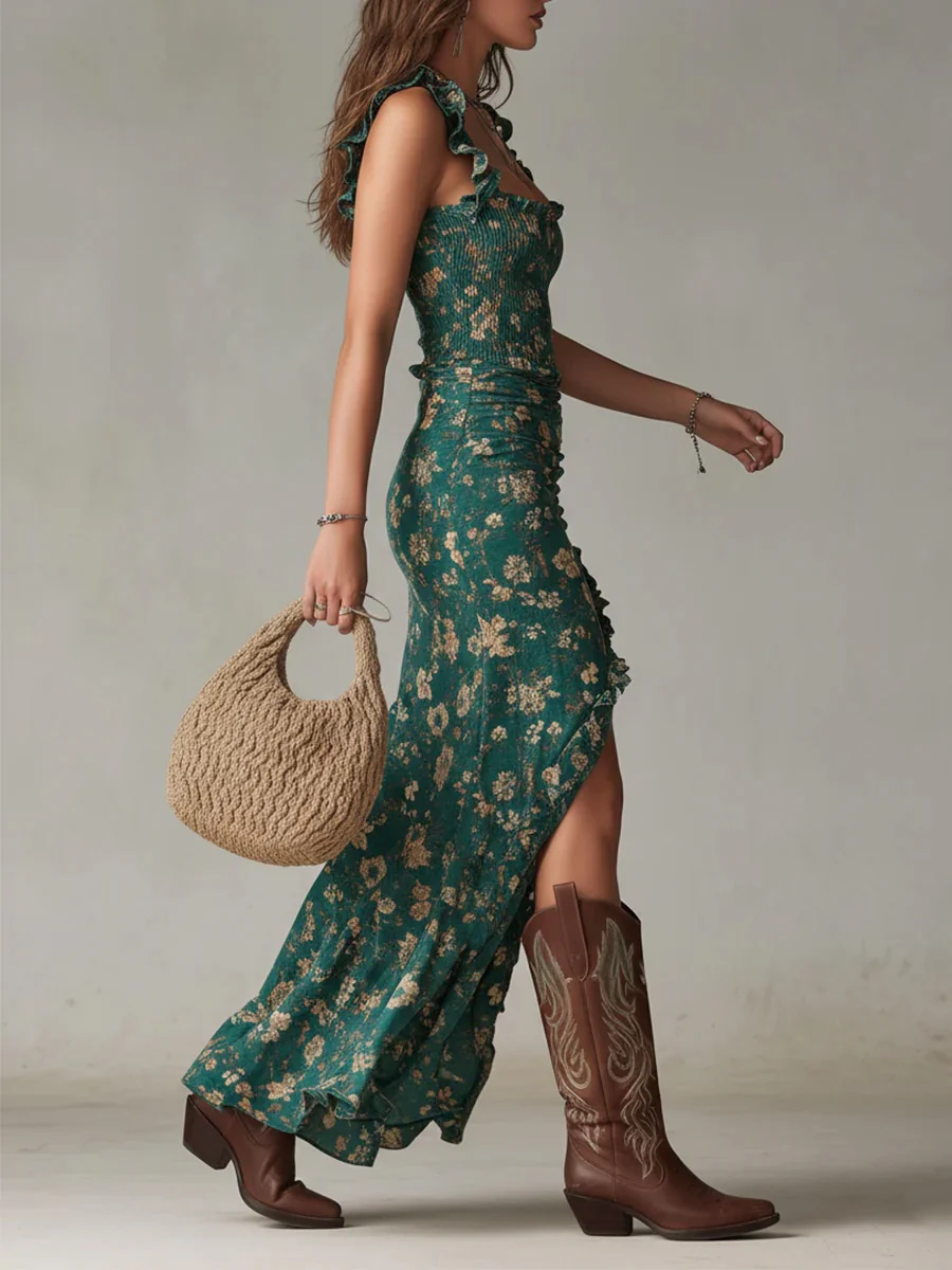 Bohemian Retro Ruffled Sleeveless Camisole With High Slit Maxi Dresses - Image 3