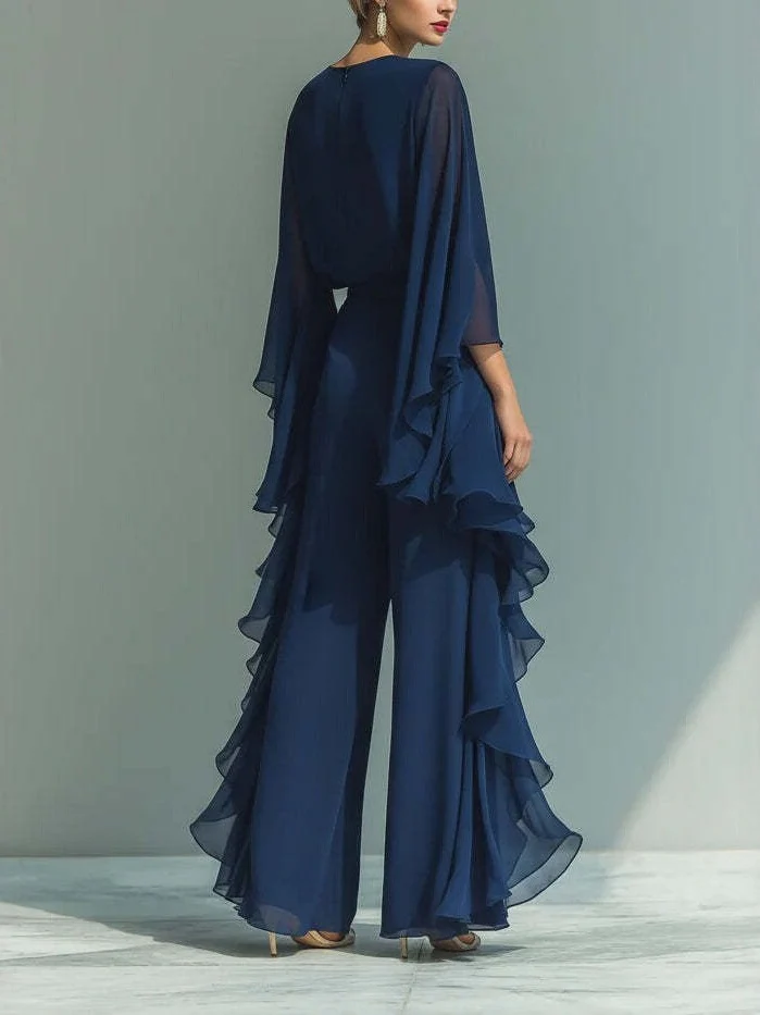 Dark Blue Ruffled Wide-leg Pants And Long-sleeved Top Two-piece Set - Image 2