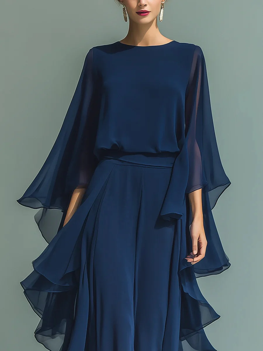 Dark Blue Ruffled Wide-leg Pants And Long-sleeved Top Two-piece Set - Image 3