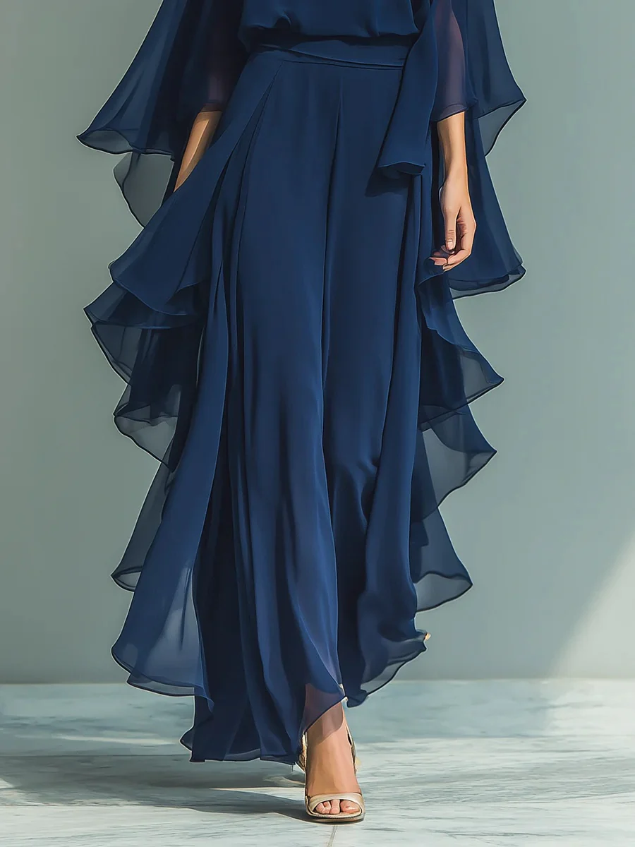 Dark Blue Ruffled Wide-leg Pants And Long-sleeved Top Two-piece Set - Image 4