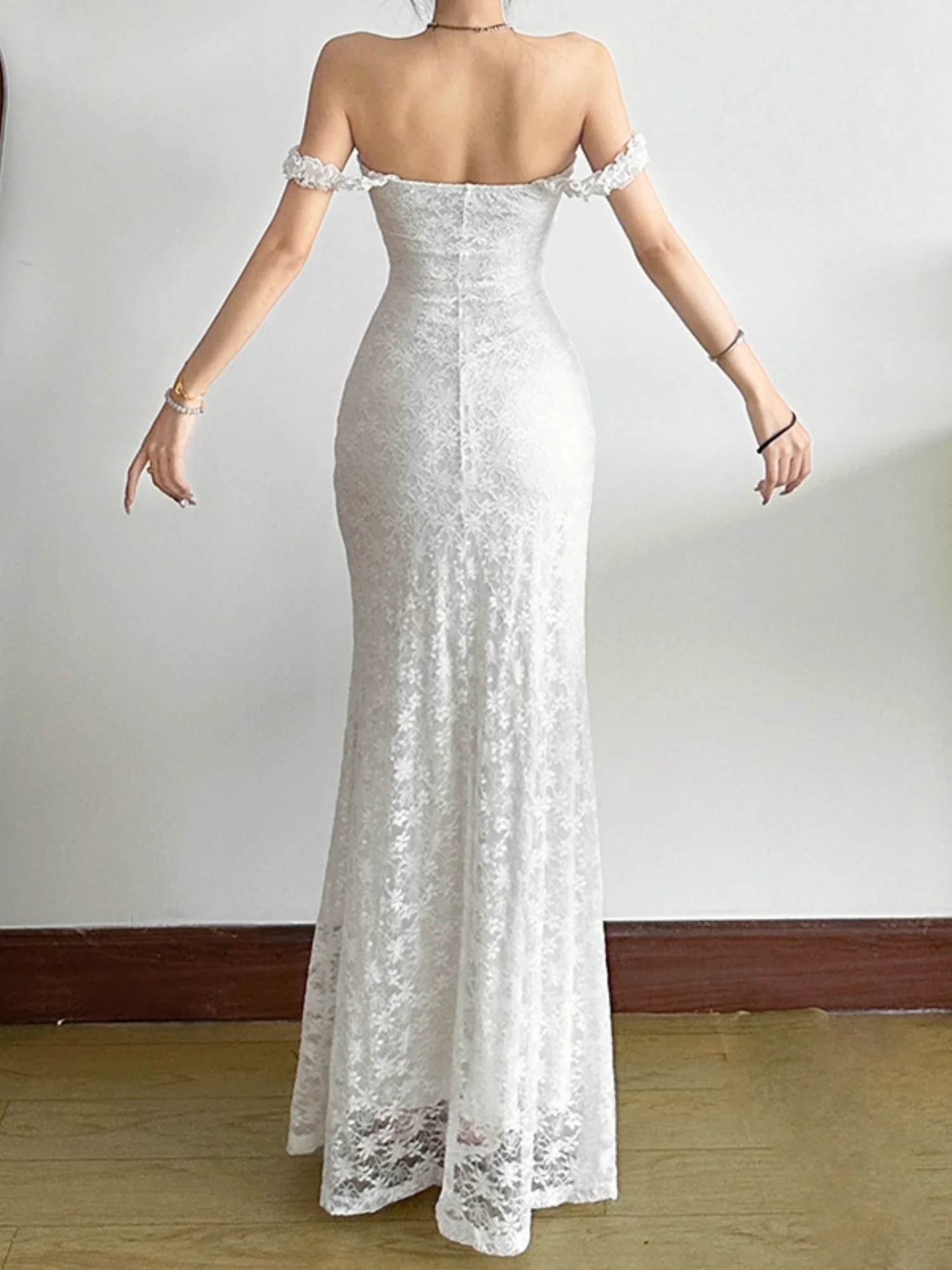 Lace Jacquard Square Neck Suspenders Sweet Pleats Maxi Dresses - Image 2