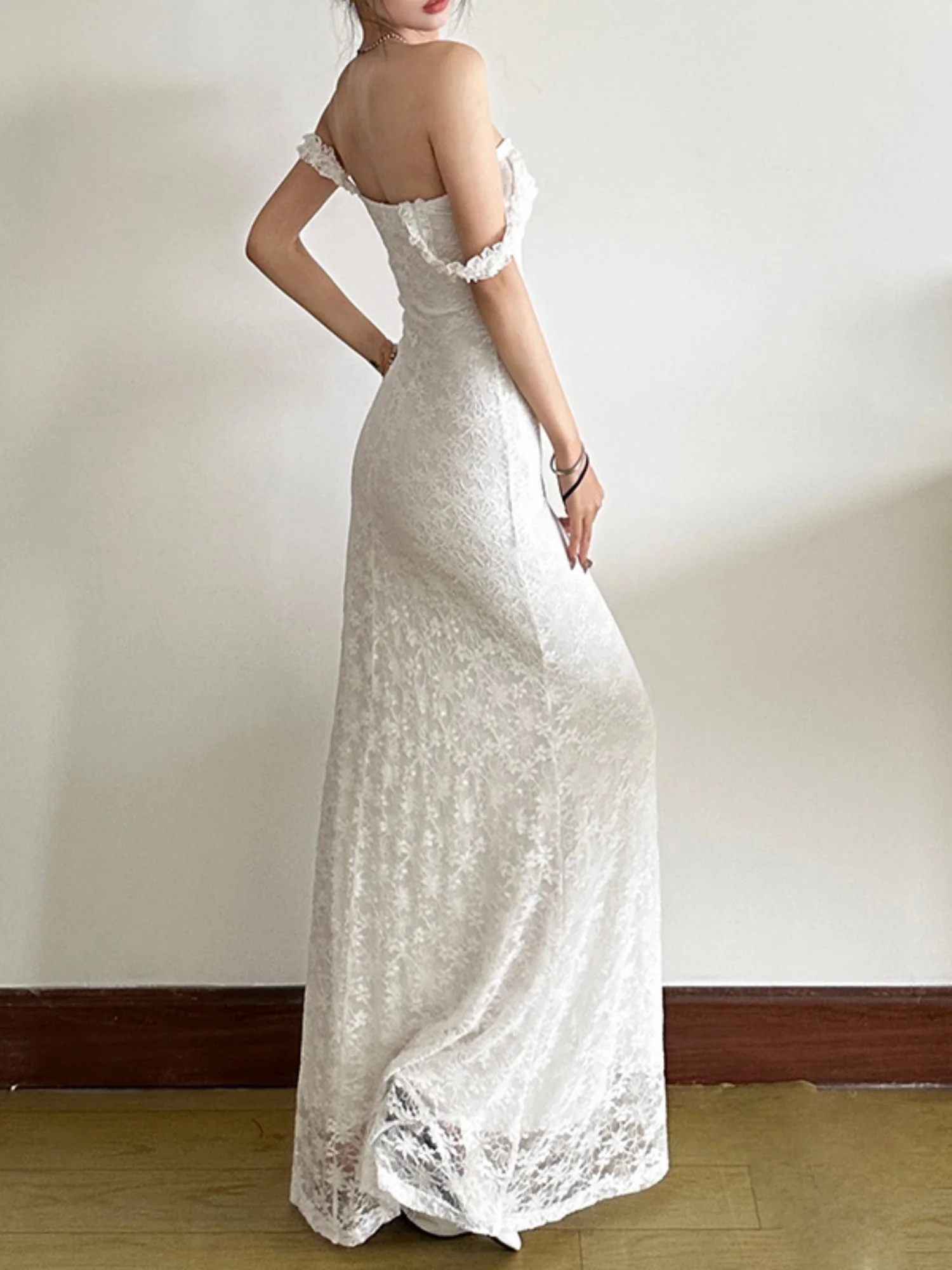 Lace Jacquard Square Neck Suspenders Sweet Pleats Maxi Dresses - Image 3
