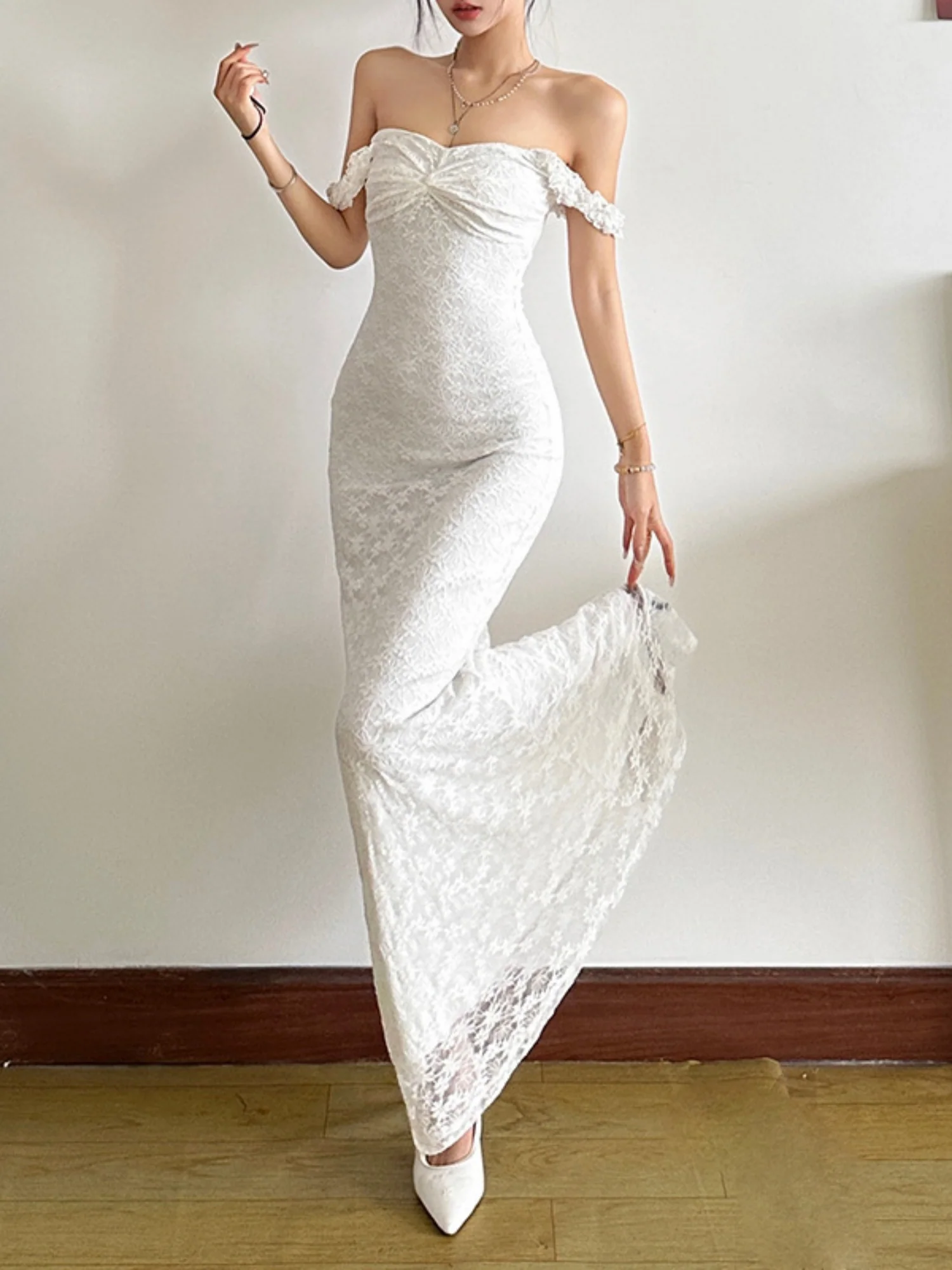 Lace Jacquard Square Neck Suspenders Sweet Pleats Maxi Dresses - Image 4