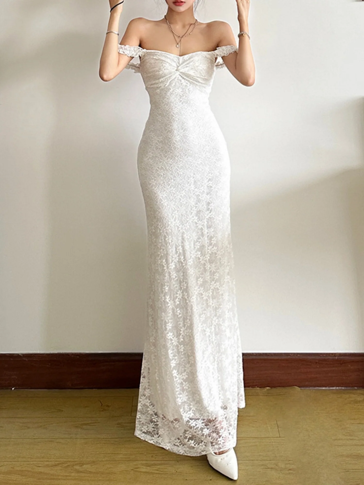 Lace Jacquard Square Neck Suspenders Sweet Pleats Maxi Dresses - Image 5