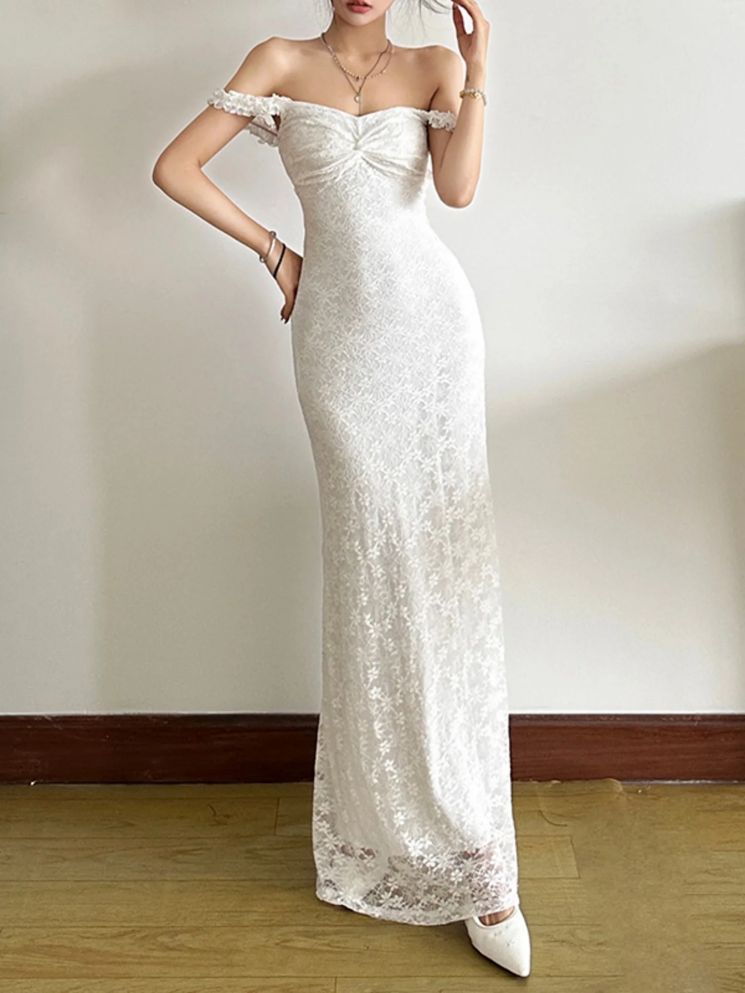 Lace Jacquard Square Neck Suspenders Sweet Pleats Maxi Dresses - Image 6