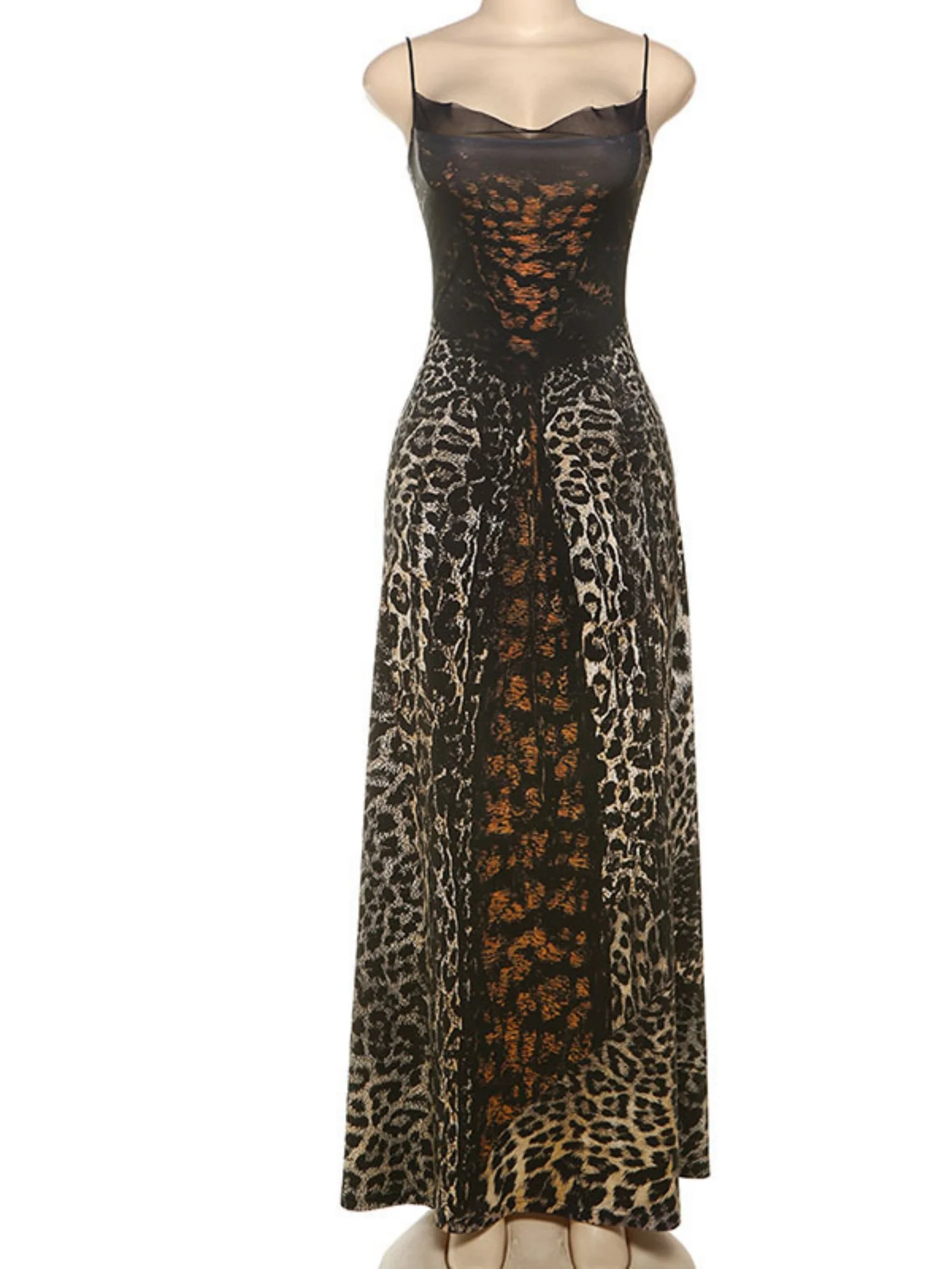 Leopard Print Lace Patchwork Backless Strappy Maxi Dresses - Image 3