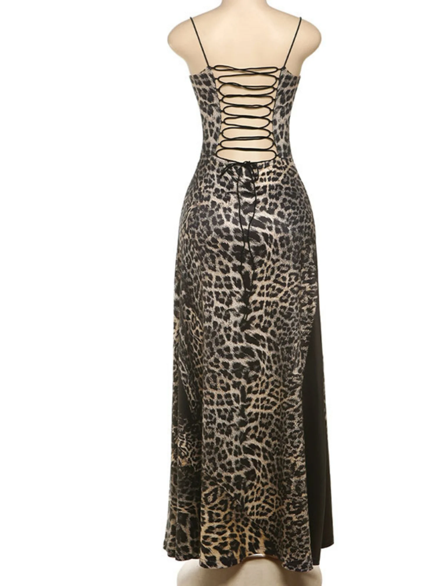 Leopard Print Lace Patchwork Backless Strappy Maxi Dresses - Image 4