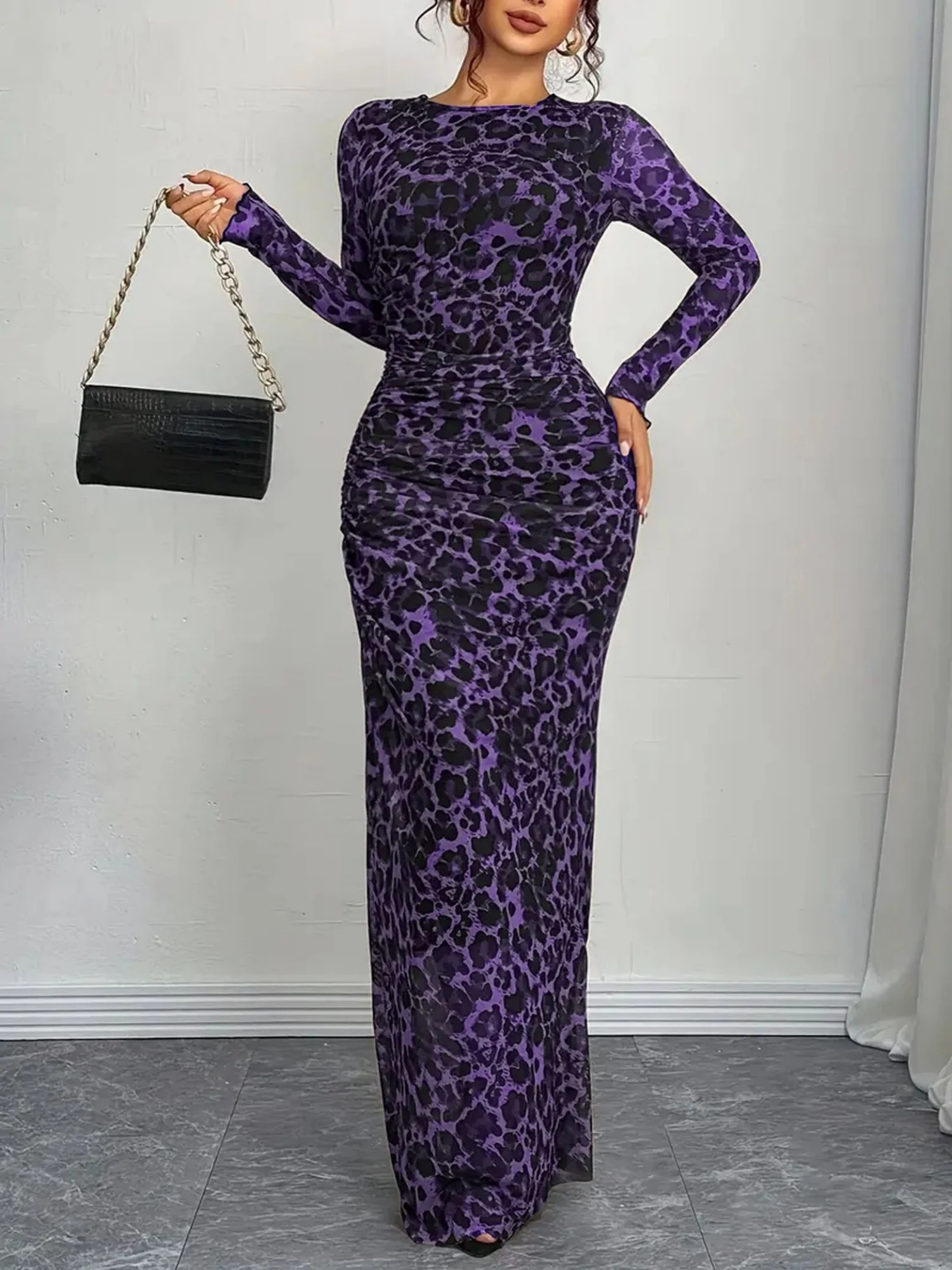 Leopard Print See-through Mesh Slimming And Waist-cinching Long-sleeved Long Dress - Image 9