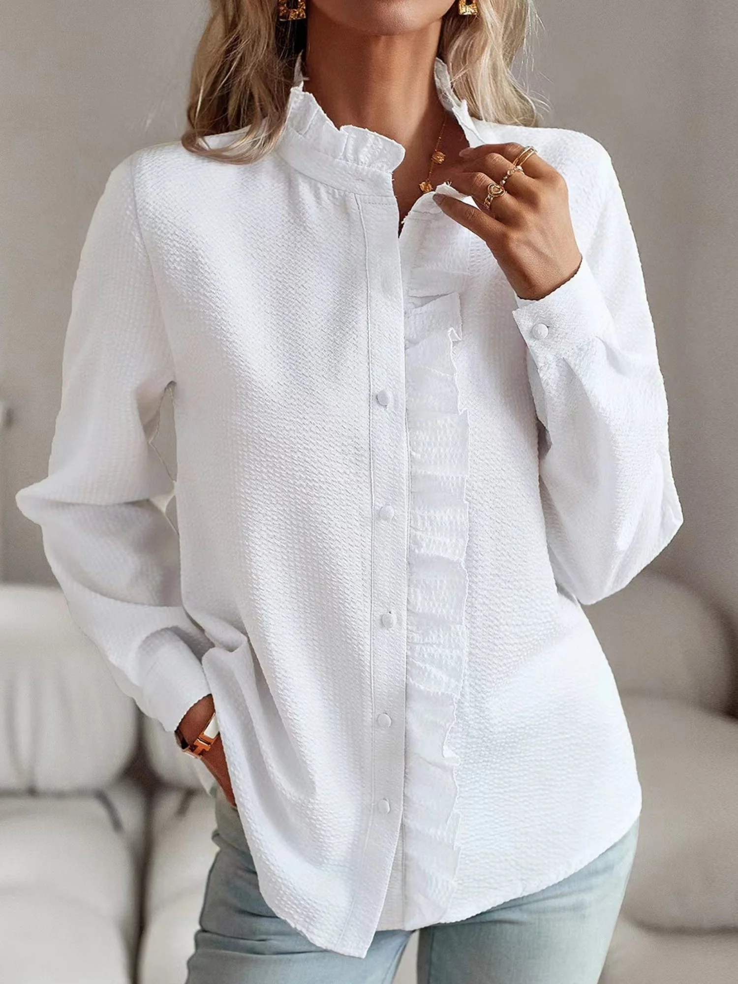 Stripes Ruffle Puff Sleeve Commuting Shirts - Image 3