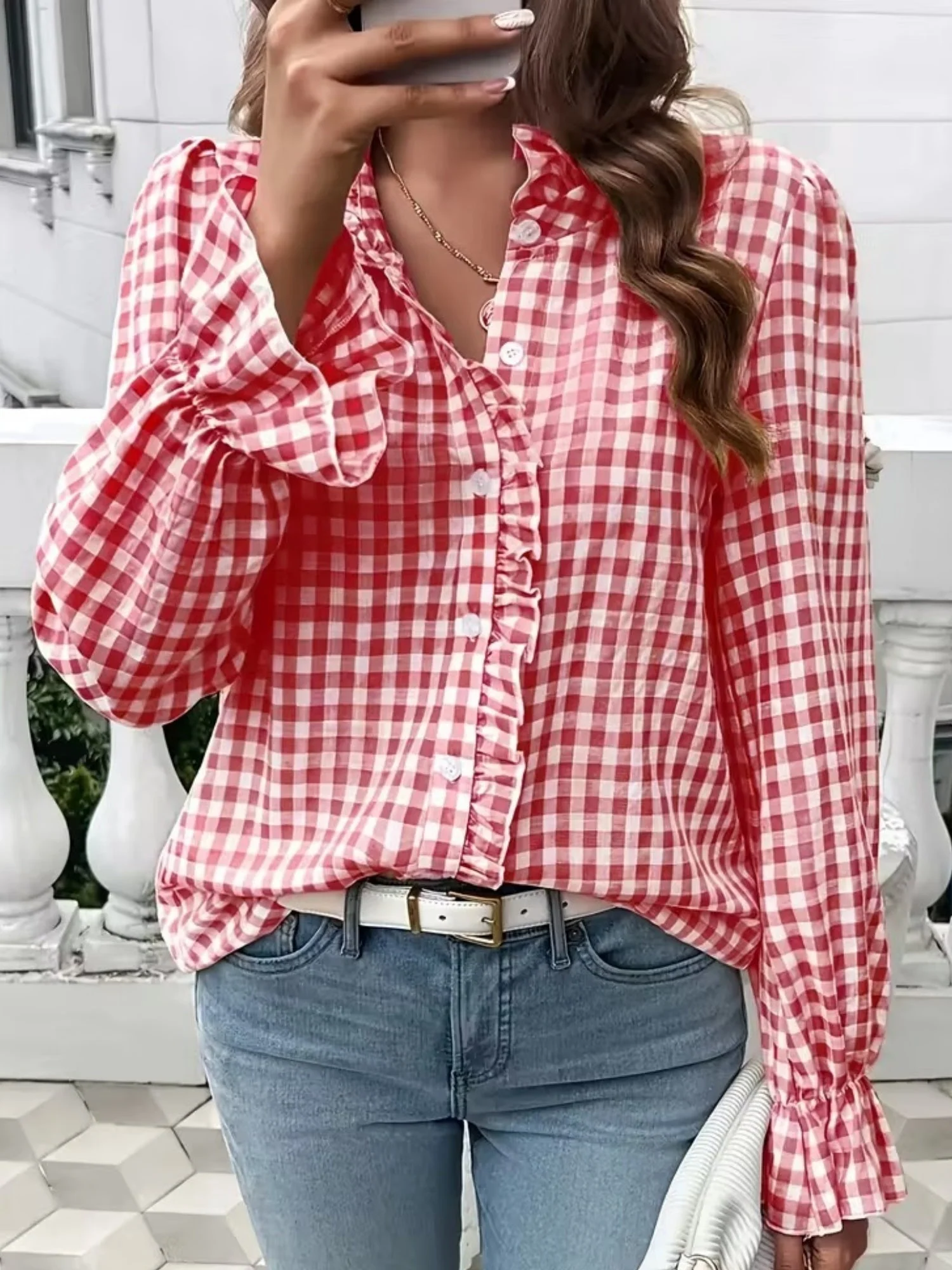 Stripes Ruffle Puff Sleeve Commuting Shirts - Image 5