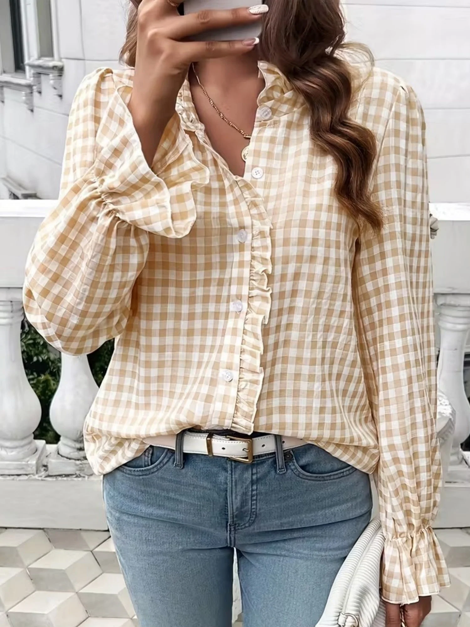 Stripes Ruffle Puff Sleeve Commuting Shirts - Image 6