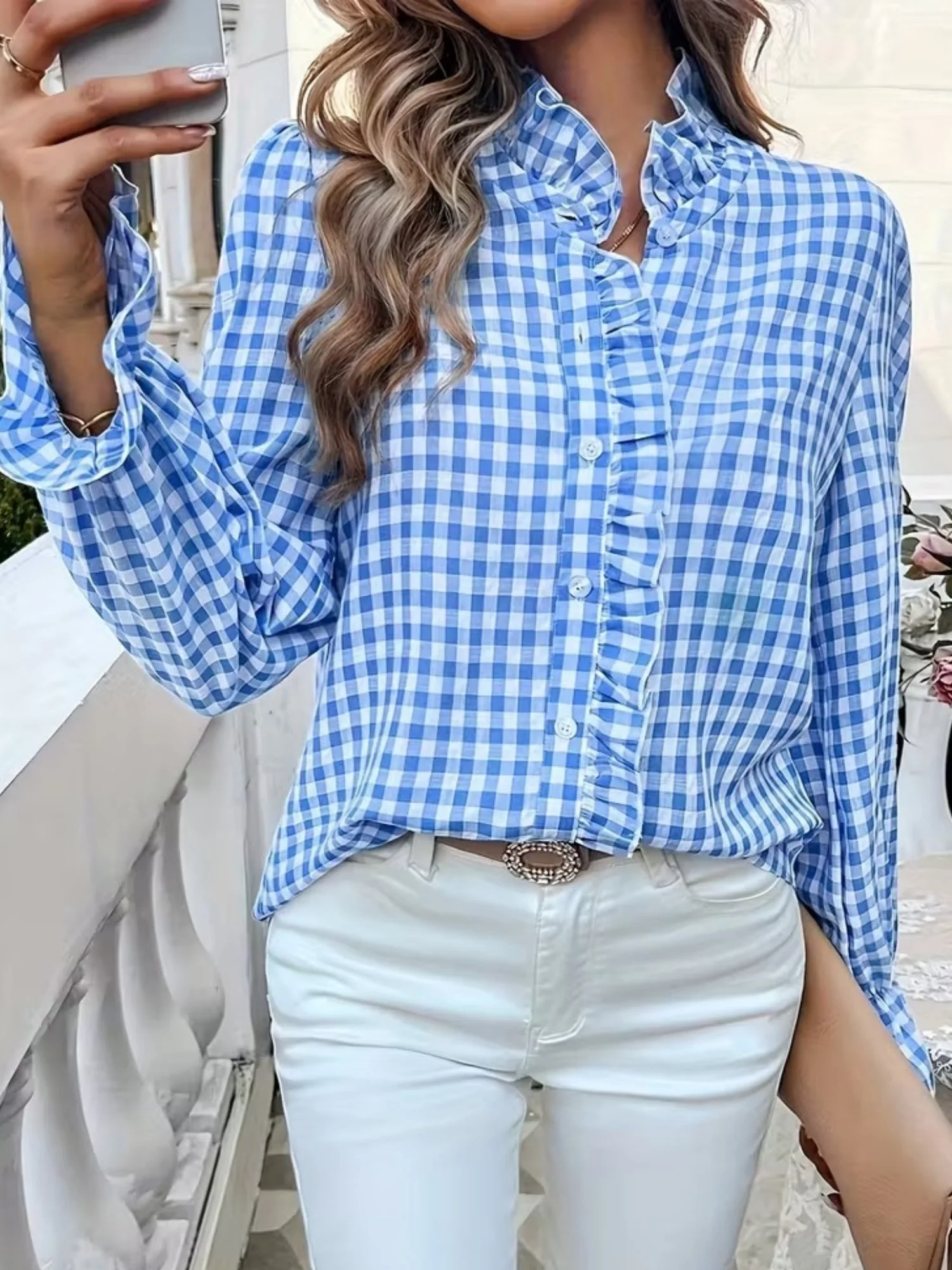 Stripes Ruffle Puff Sleeve Commuting Shirts - Image 7