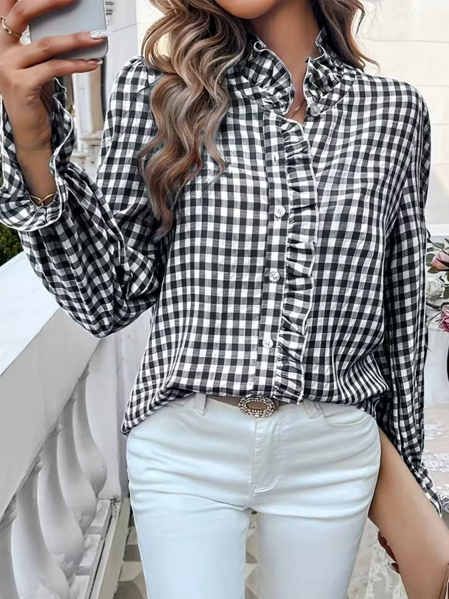 Stripes Ruffle Puff Sleeve Commuting Shirts - Image 9