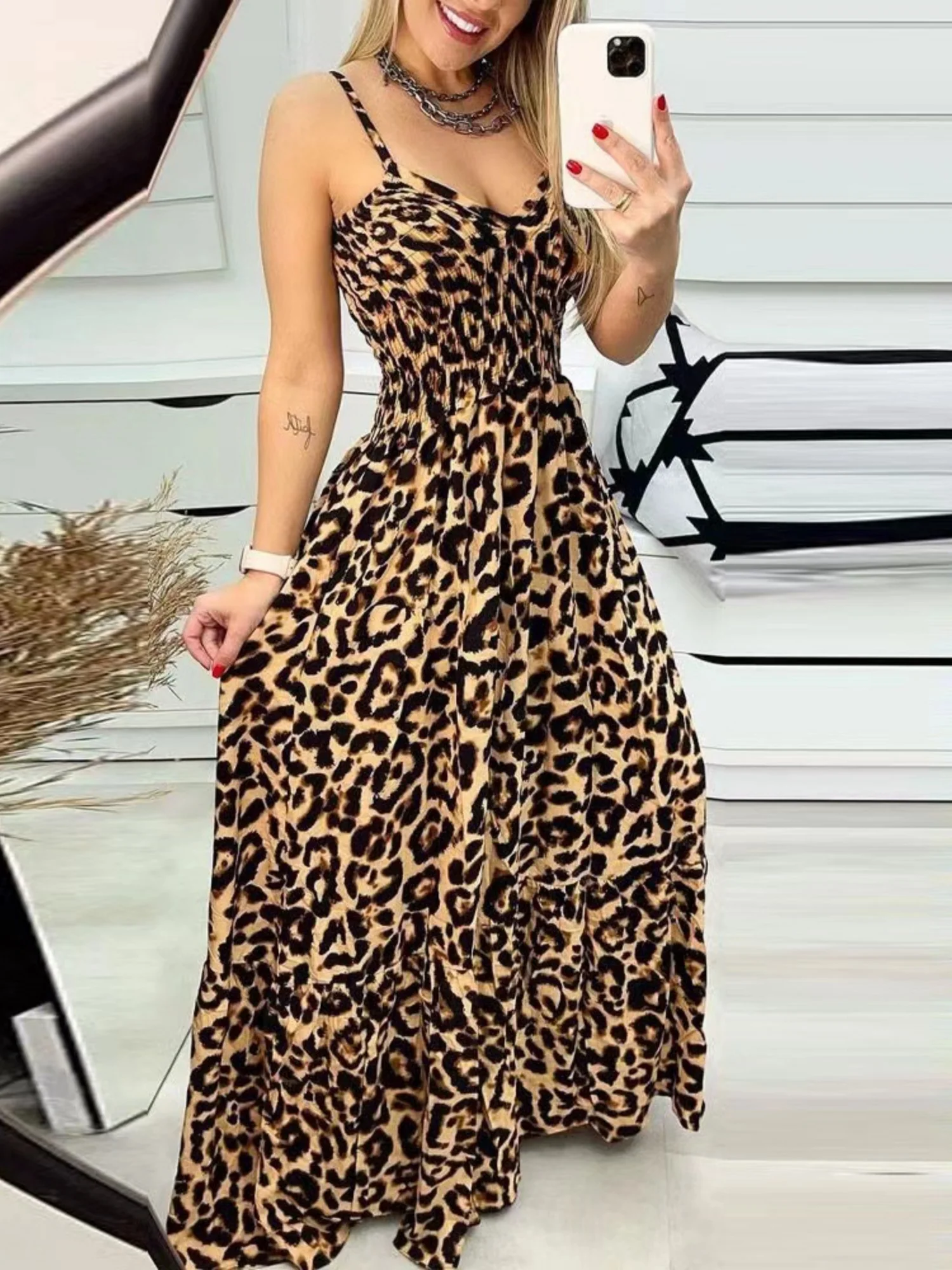 Leopard Print Spaghetti Strap Backless High-waisted And Slimming Maxi Dresses