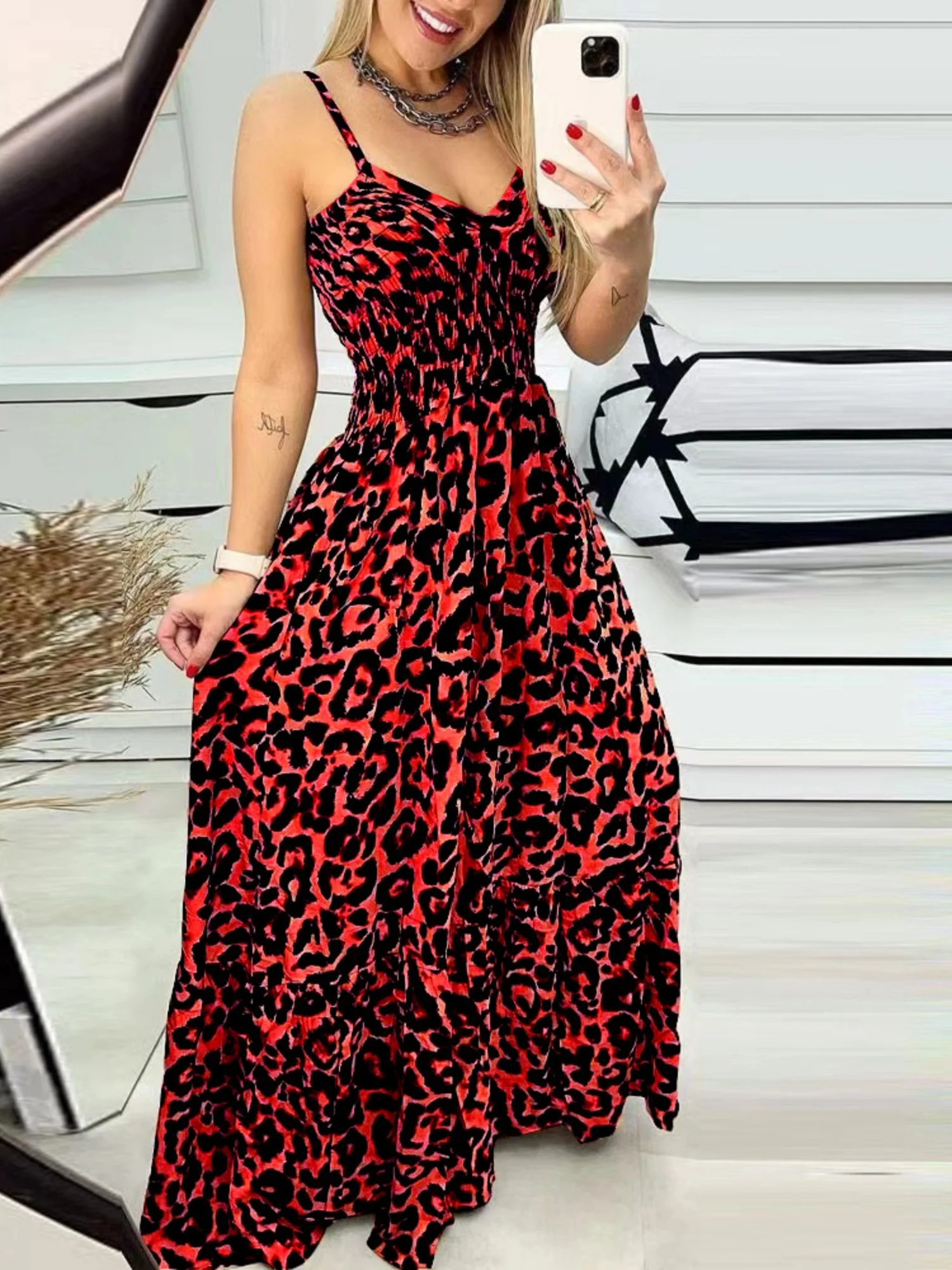Leopard Print Spaghetti Strap Backless High-waisted And Slimming Maxi Dresses - Image 6