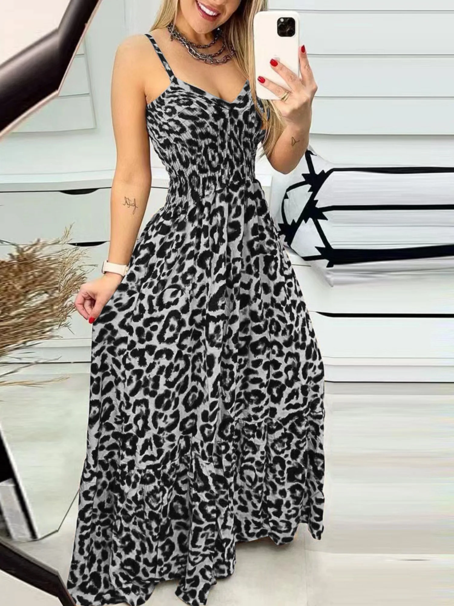 Leopard Print Spaghetti Strap Backless High-waisted And Slimming Maxi Dresses - Image 7