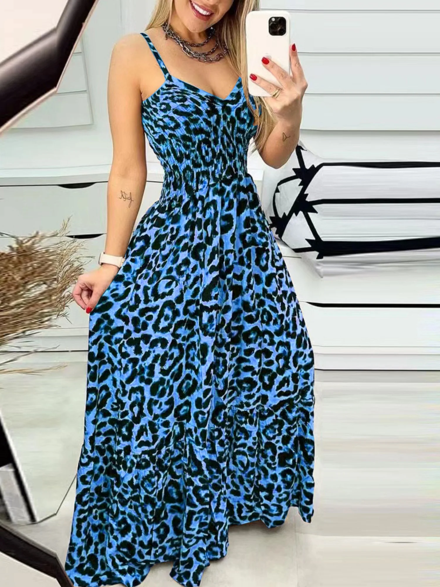 Leopard Print Spaghetti Strap Backless High-waisted And Slimming Maxi Dresses - Image 8