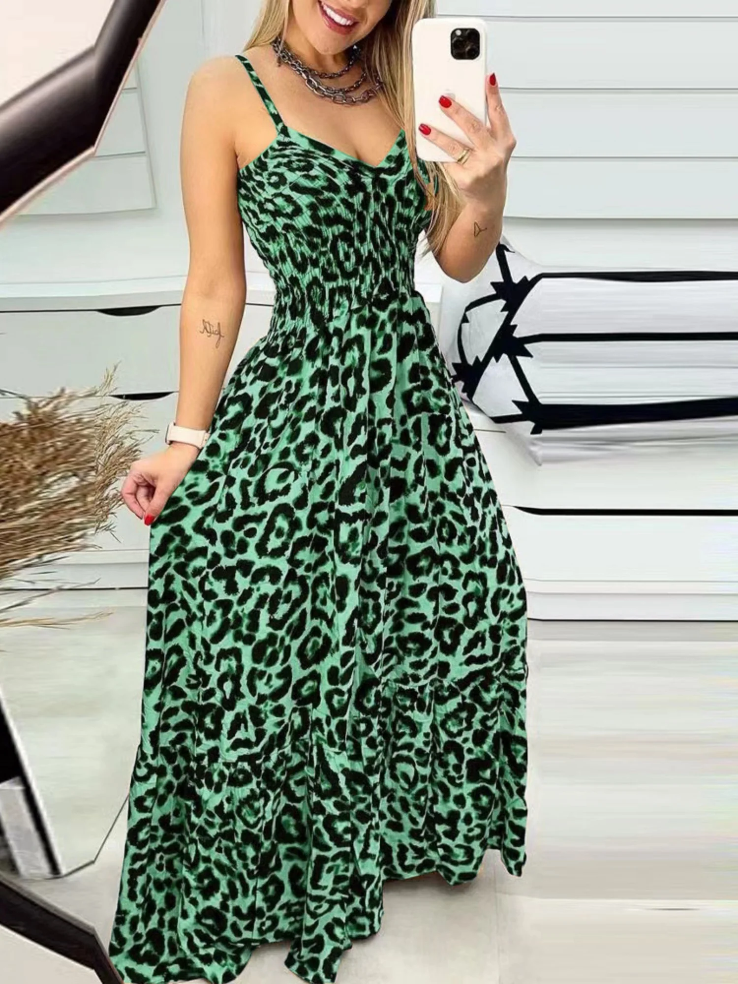 Leopard Print Spaghetti Strap Backless High-waisted And Slimming Maxi Dresses - Image 9