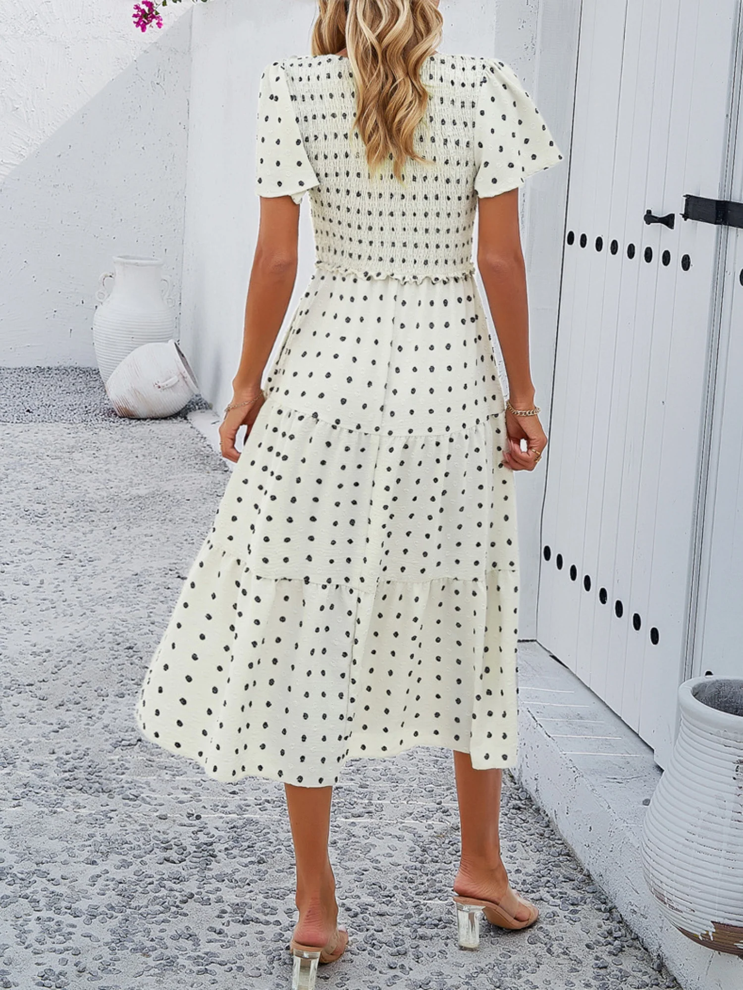 Polka Dots V-neck Tucking And Waist-cinching Short Sleeves Maxi Dresses - Image 2