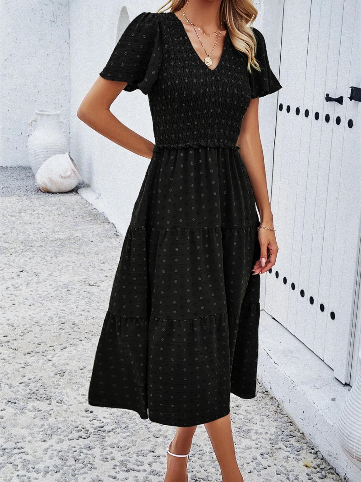 Polka Dots V-neck Tucking And Waist-cinching Short Sleeves Maxi Dresses - Image 5
