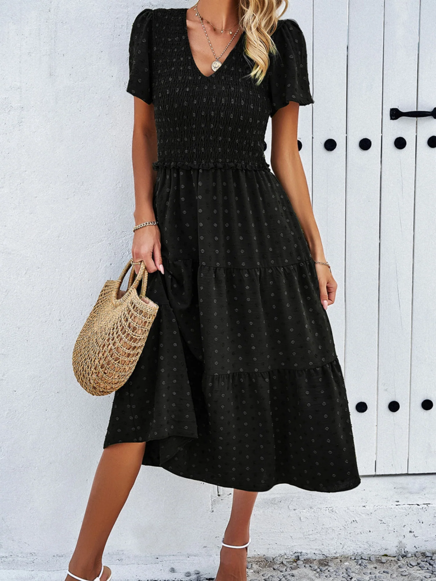 Polka Dots V-neck Tucking And Waist-cinching Short Sleeves Maxi Dresses - Image 6