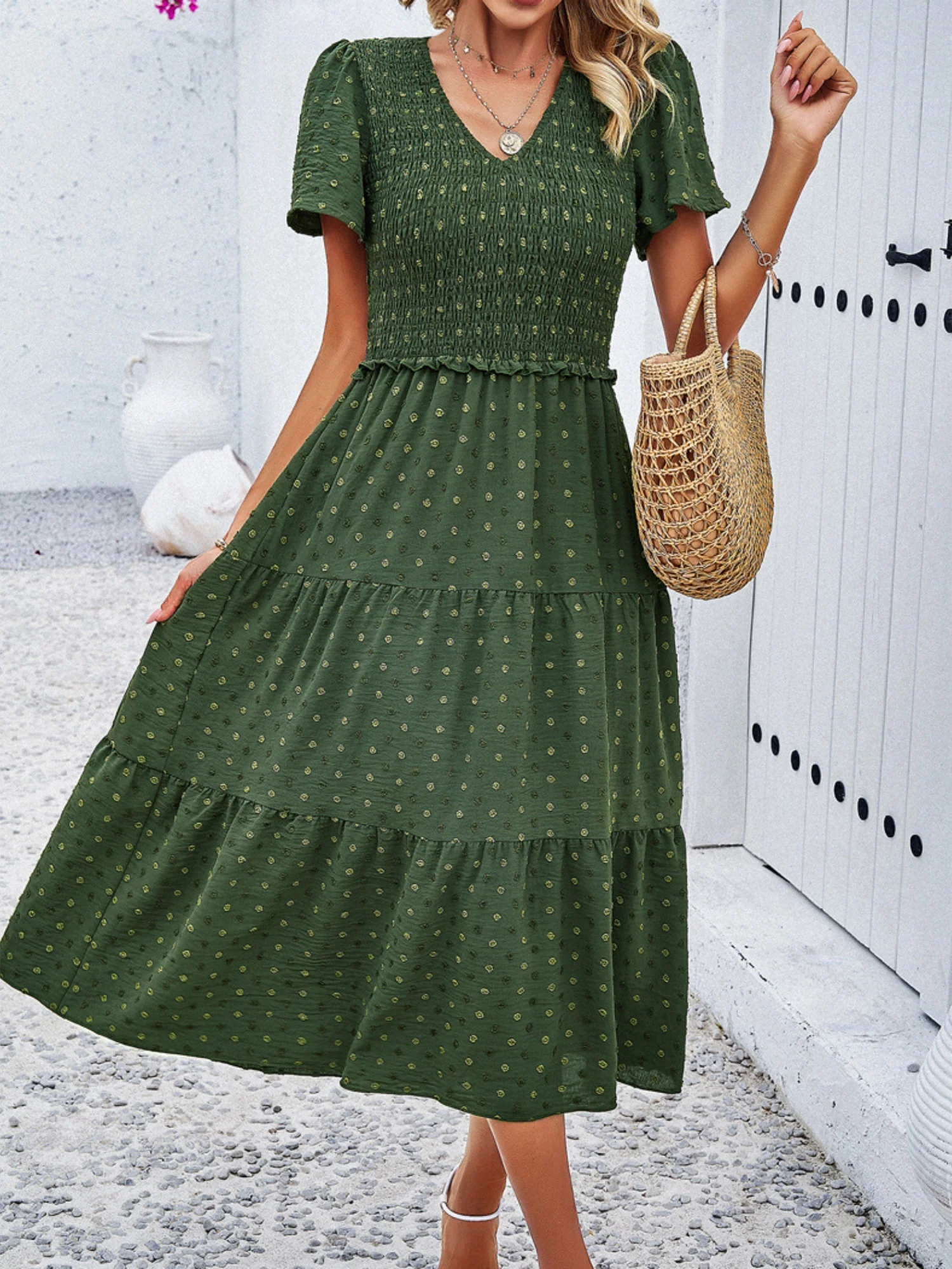 Polka Dots V-neck Tucking And Waist-cinching Short Sleeves Maxi Dresses - Image 7