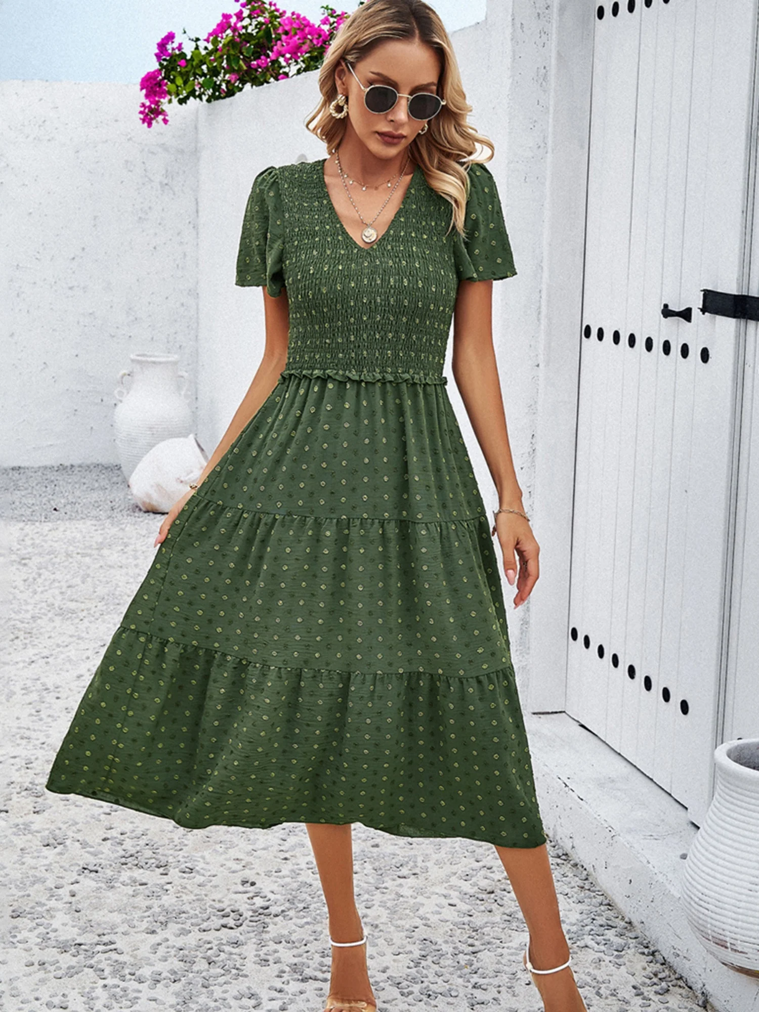 Polka Dots V-neck Tucking And Waist-cinching Short Sleeves Maxi Dresses - Image 8