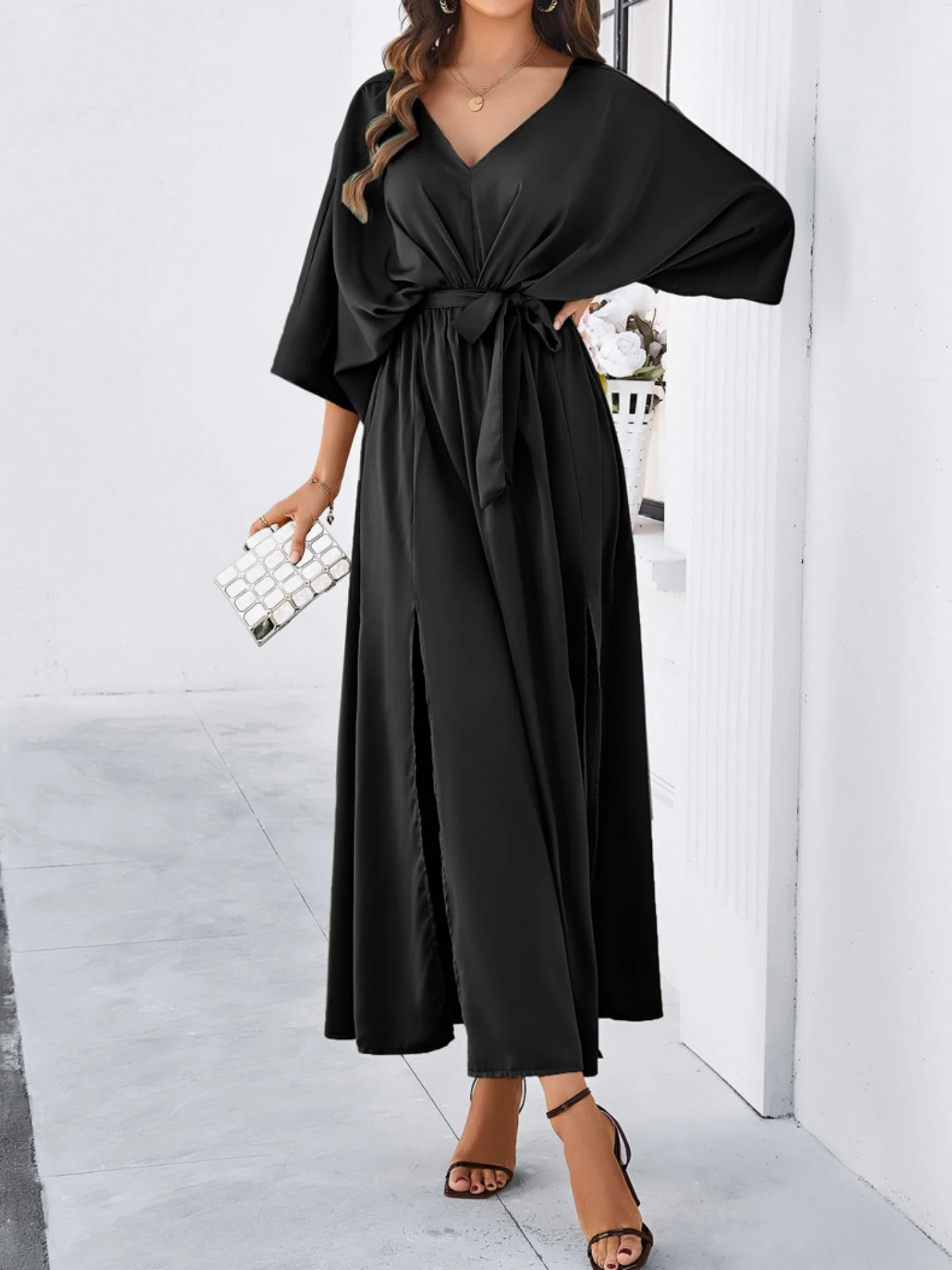 V-neck Tie High-waisted Slit Grace Maxi Dresses - Image 4