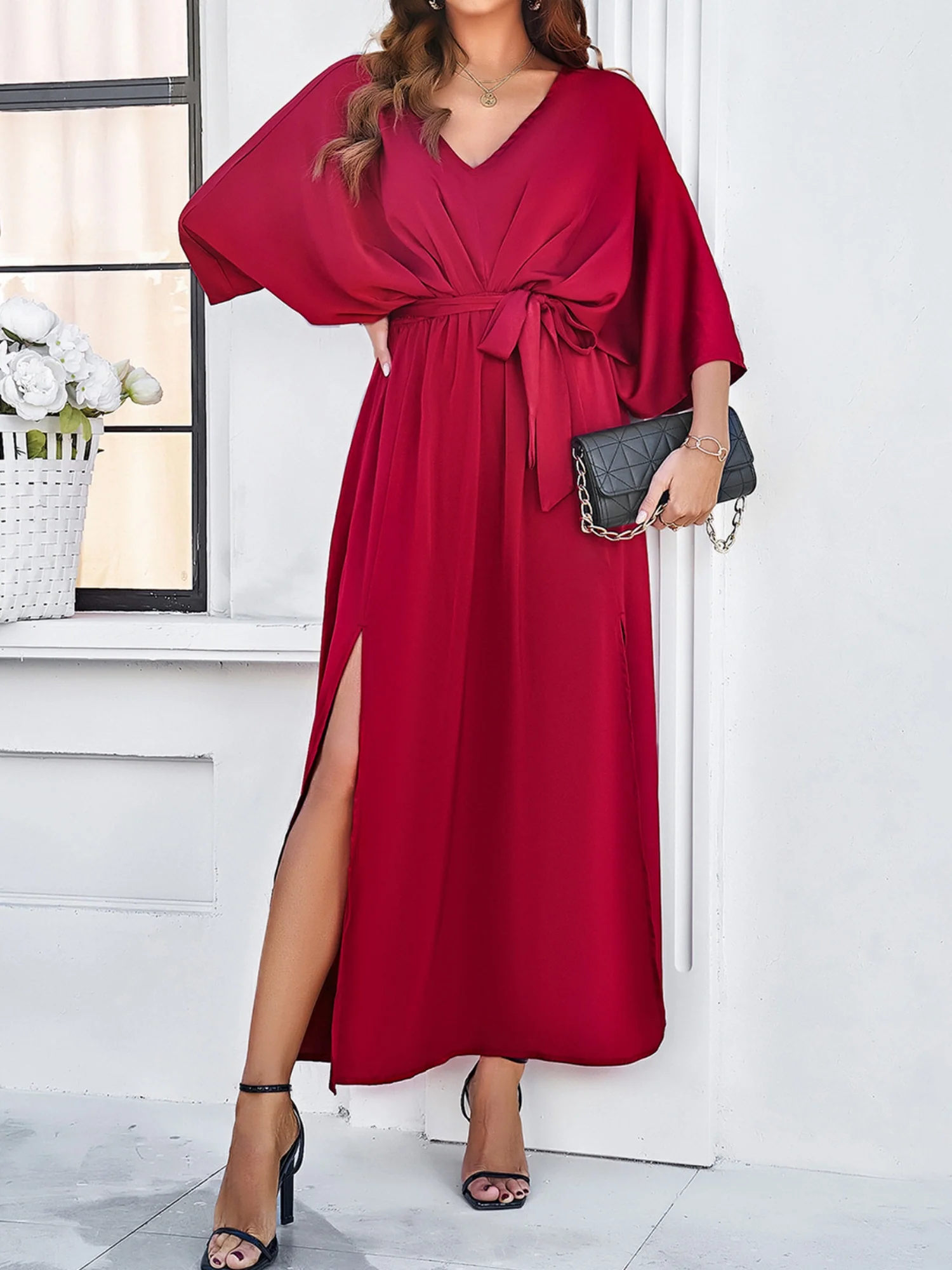 V-neck Tie High-waisted Slit Grace Maxi Dresses - Image 5